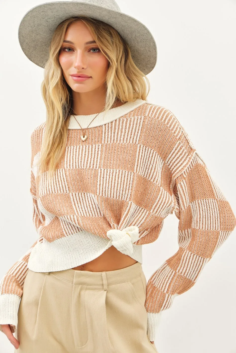 Cream Camel Super Soft Relaxed Fit Checkerboard Sweater sold by Pinkblush product image thumbnail 3