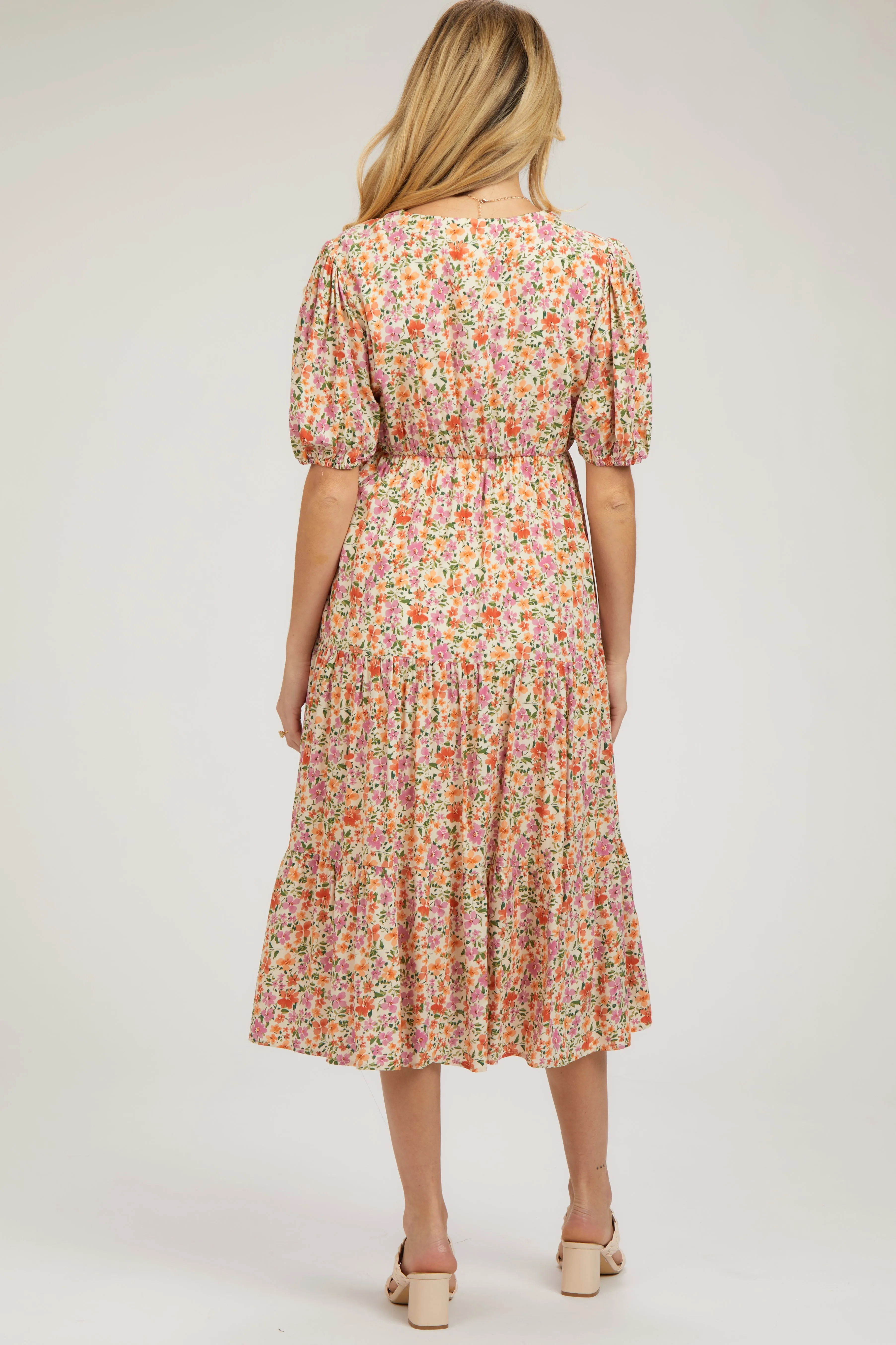 Ivory Floral Button Front Ruffle Hem Maternity Midi Dress sold by Pinkblush product image thumbnail 4