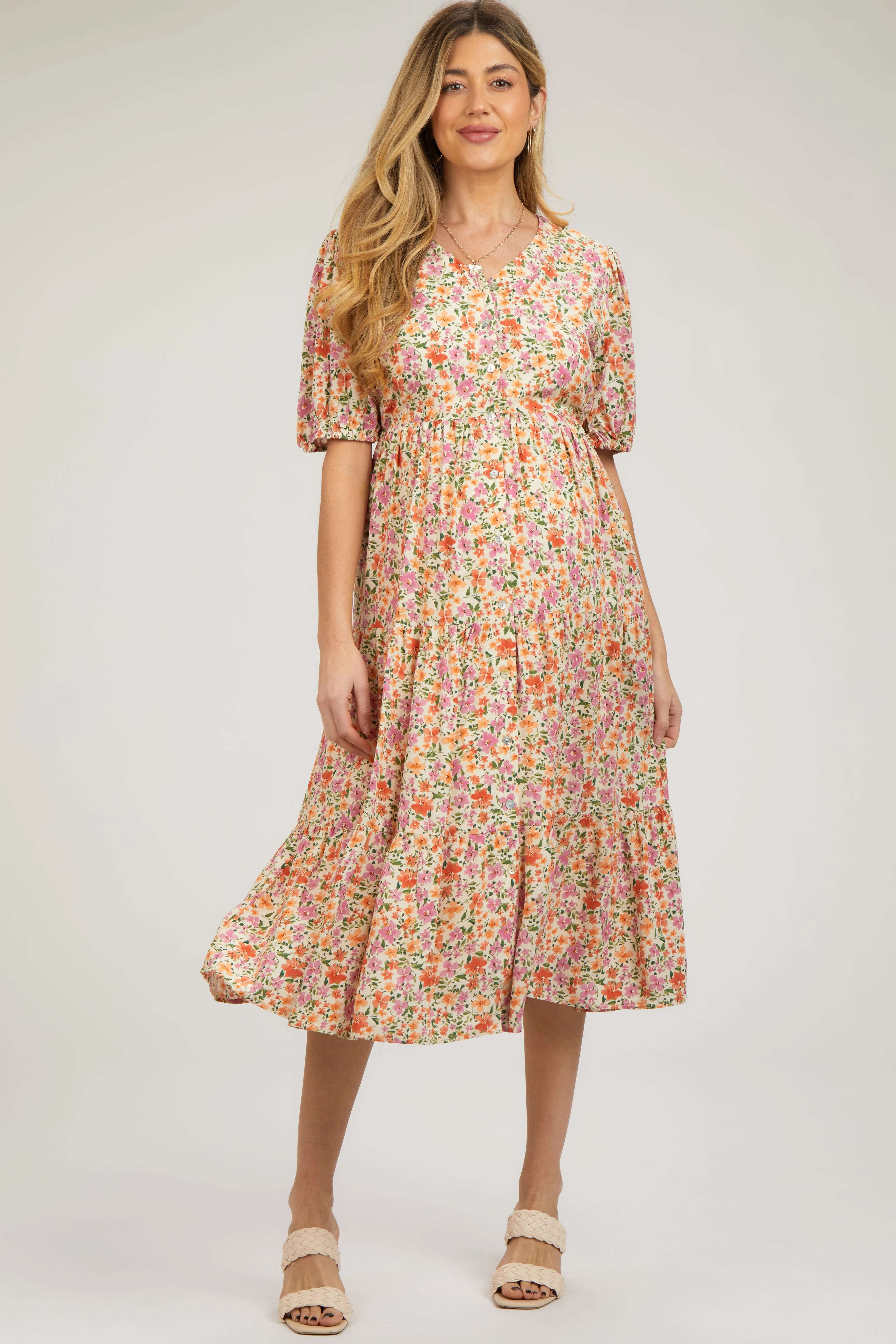 Ivory Floral Button Front Ruffle Hem Maternity Midi Dress sold by Pinkblush