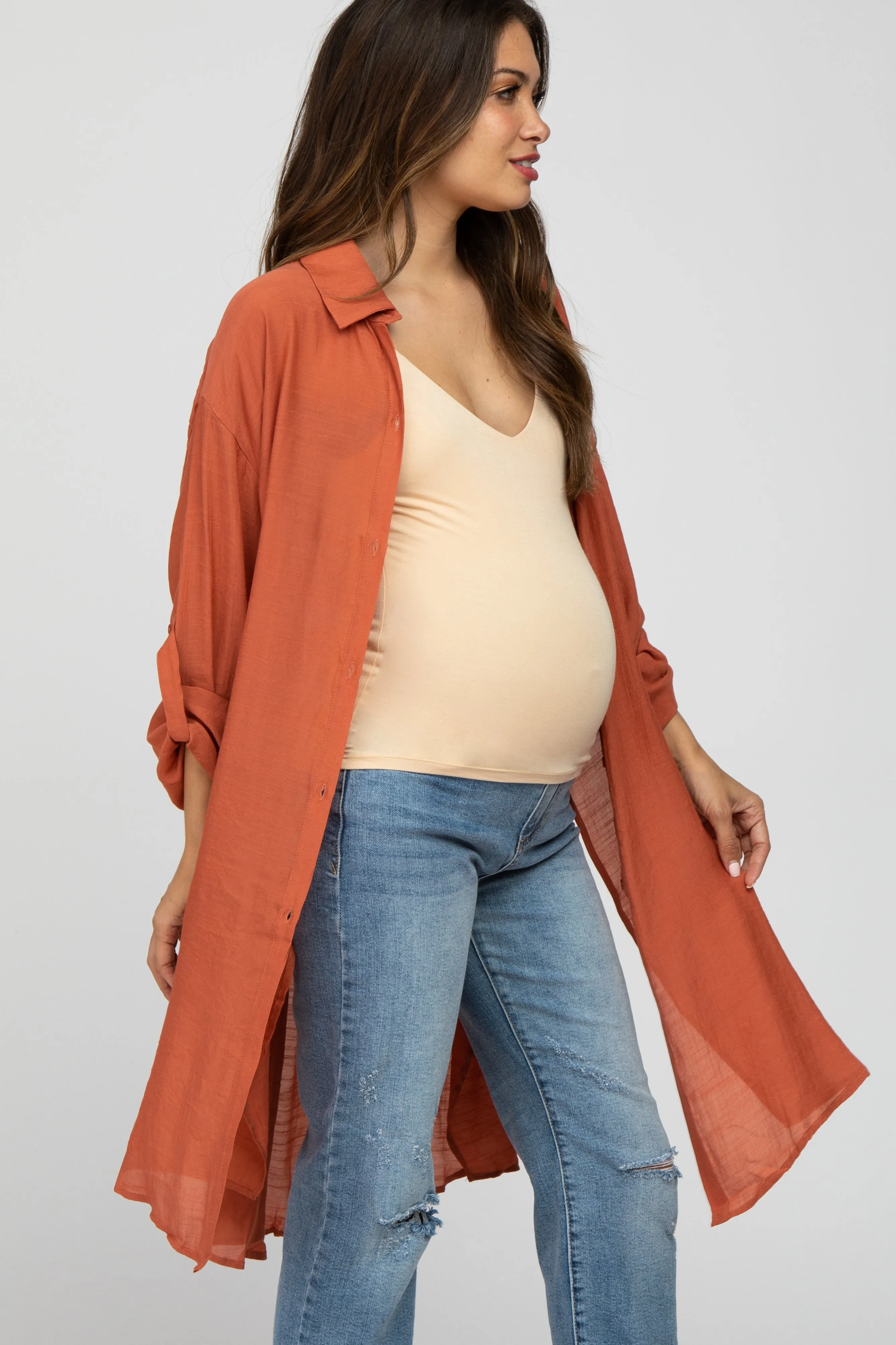 Rust Button Front Side Slit Oversized Maternity Blouse sold by Pinkblush product image thumbnail 3