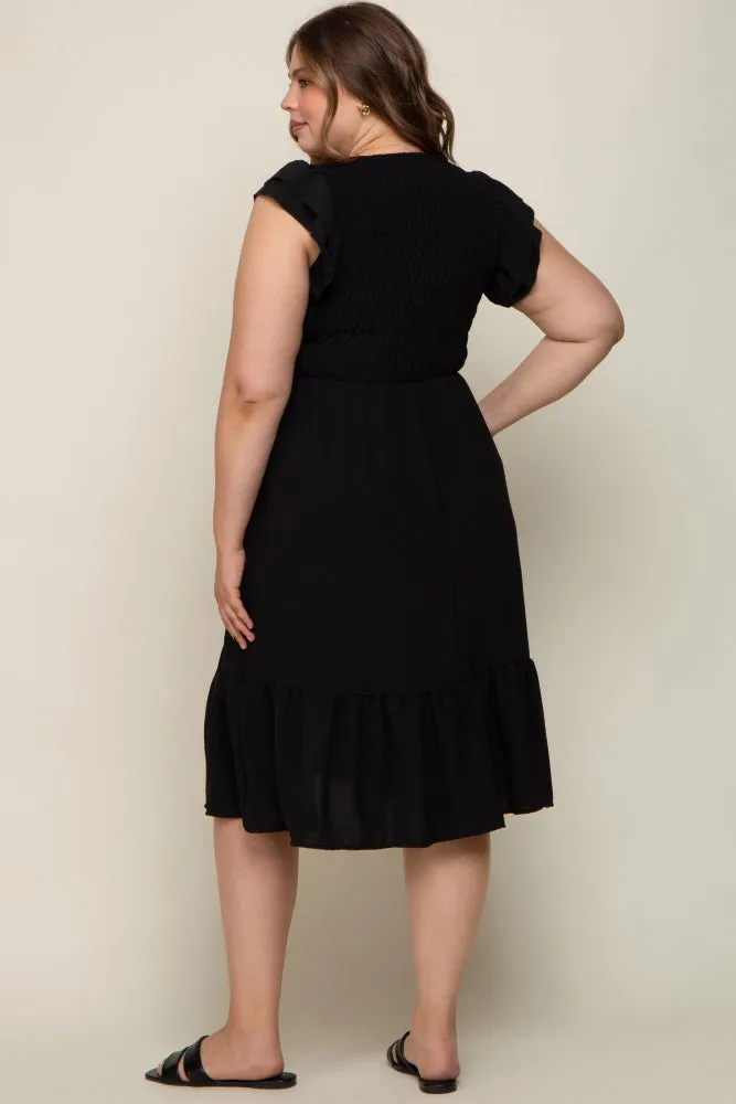 Black Smocked Layered Ruffle Flutter Sleeve Maternity Plus Midi Dress sold by Pinkblush product image thumbnail 3