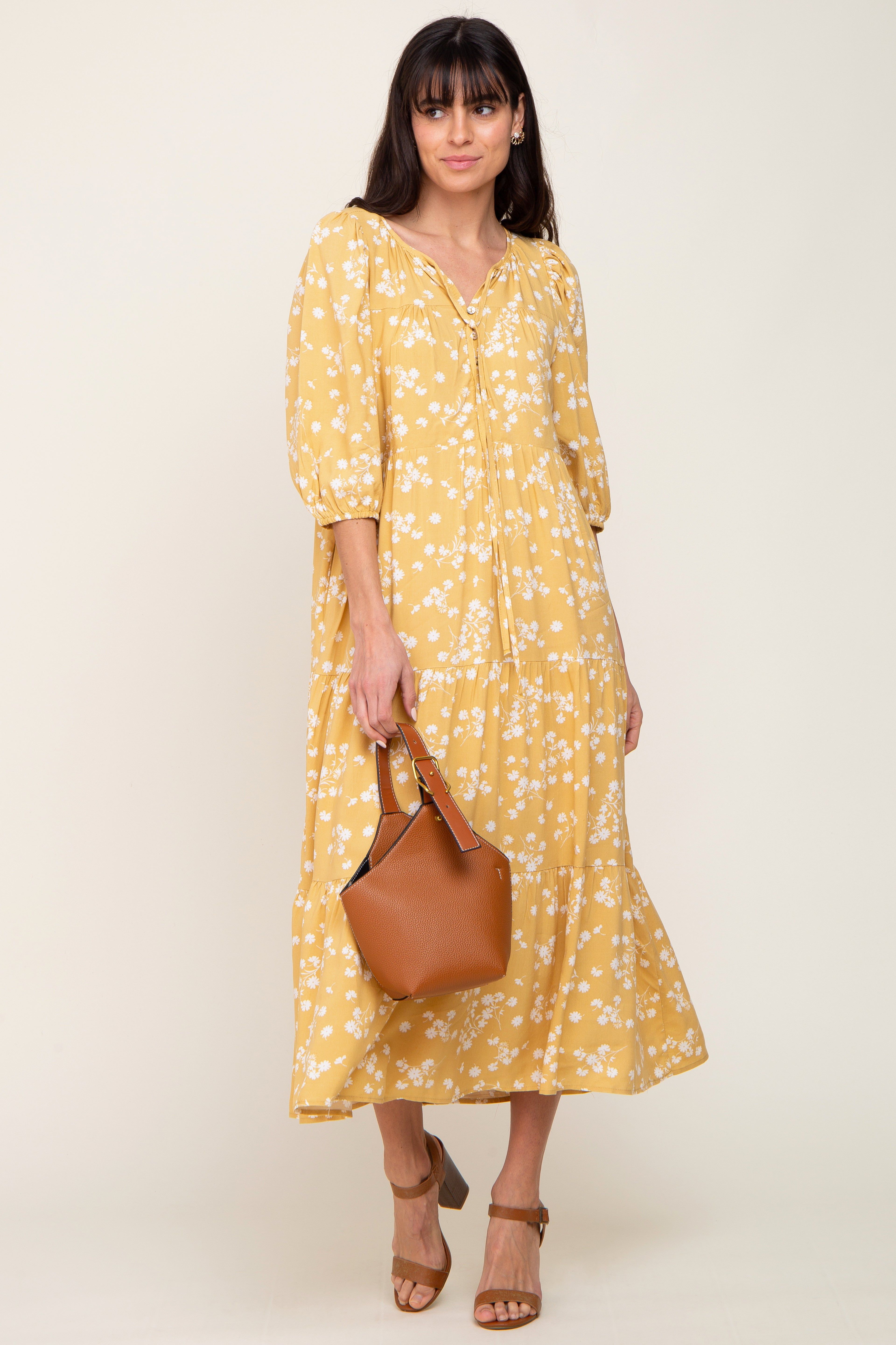 Yellow Floral Button Front Tiered Maternity Midi Dress sold by Pinkblush product image thumbnail 5