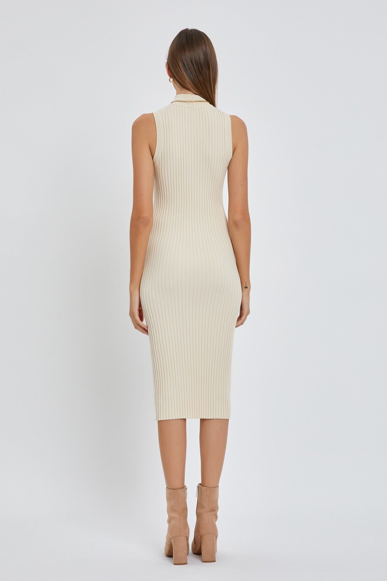 Beige Ribbed Fitted Mock Neck Dress sold by Pinkblush product image thumbnail 3