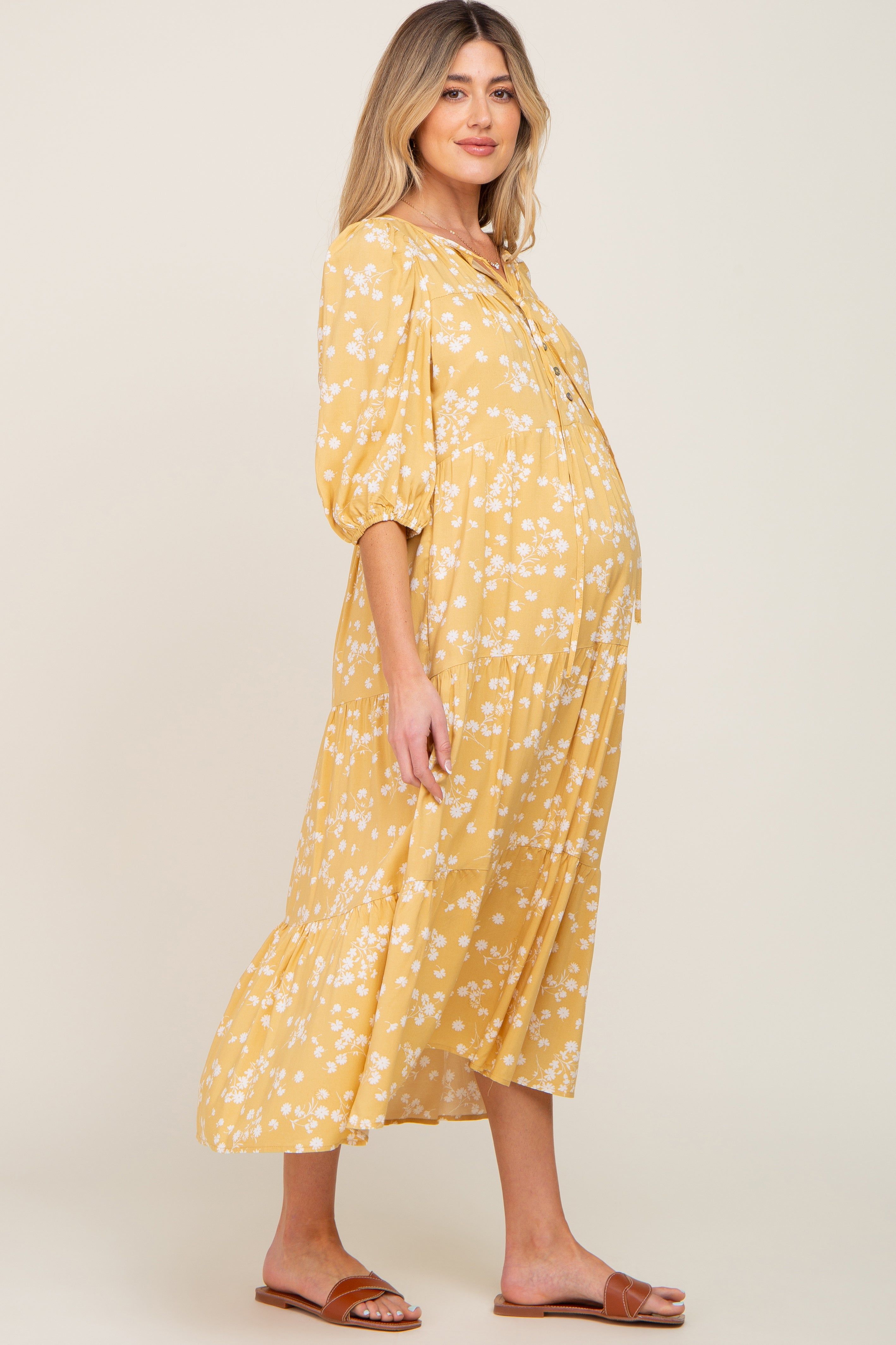 Yellow Floral Button Front Tiered Maternity Midi Dress sold by Pinkblush product image thumbnail 2