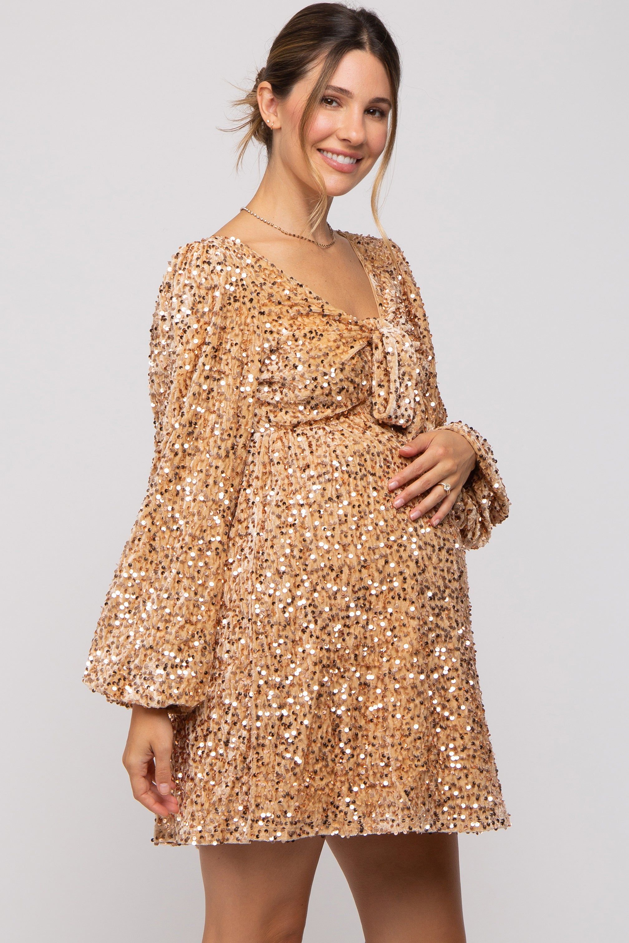 Gold Sequin Velour Front Tie Maternity Mini Dress sold by Pinkblush product image thumbnail 3