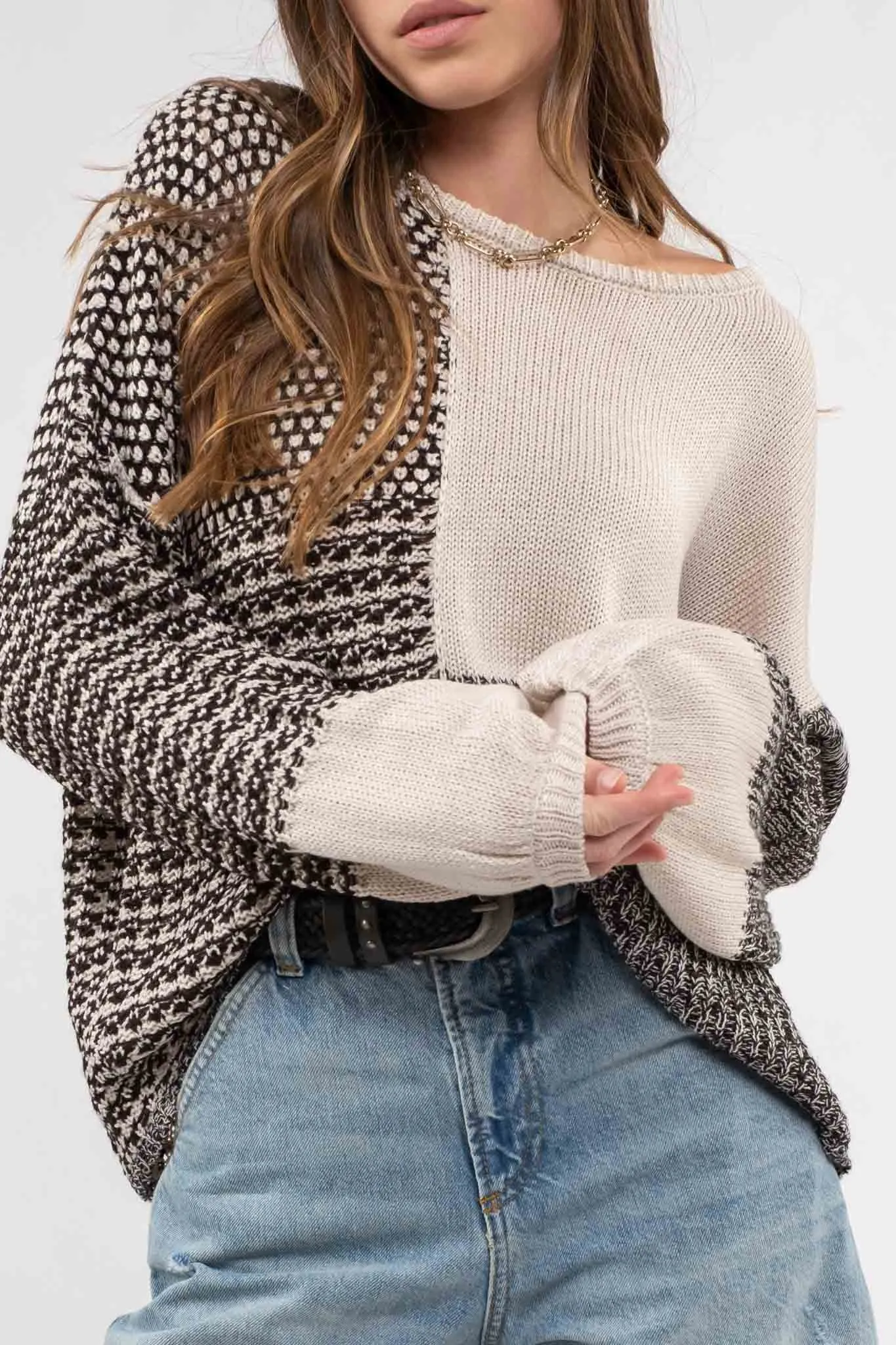 Black Multi Drop Shoulder Colorblock Knit Sweater sold by Pinkblush product image thumbnail 4