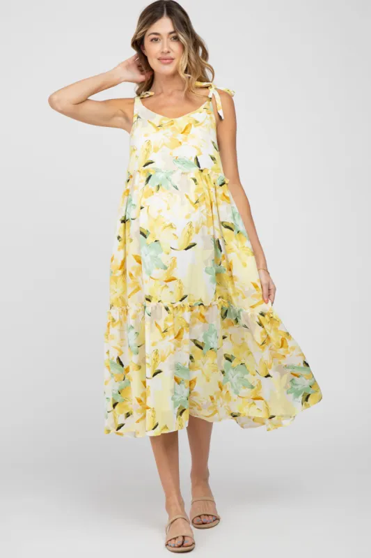 Yellow Floral Tiered Shoulder Tie Maternity Midi Dress sold by Pinkblush