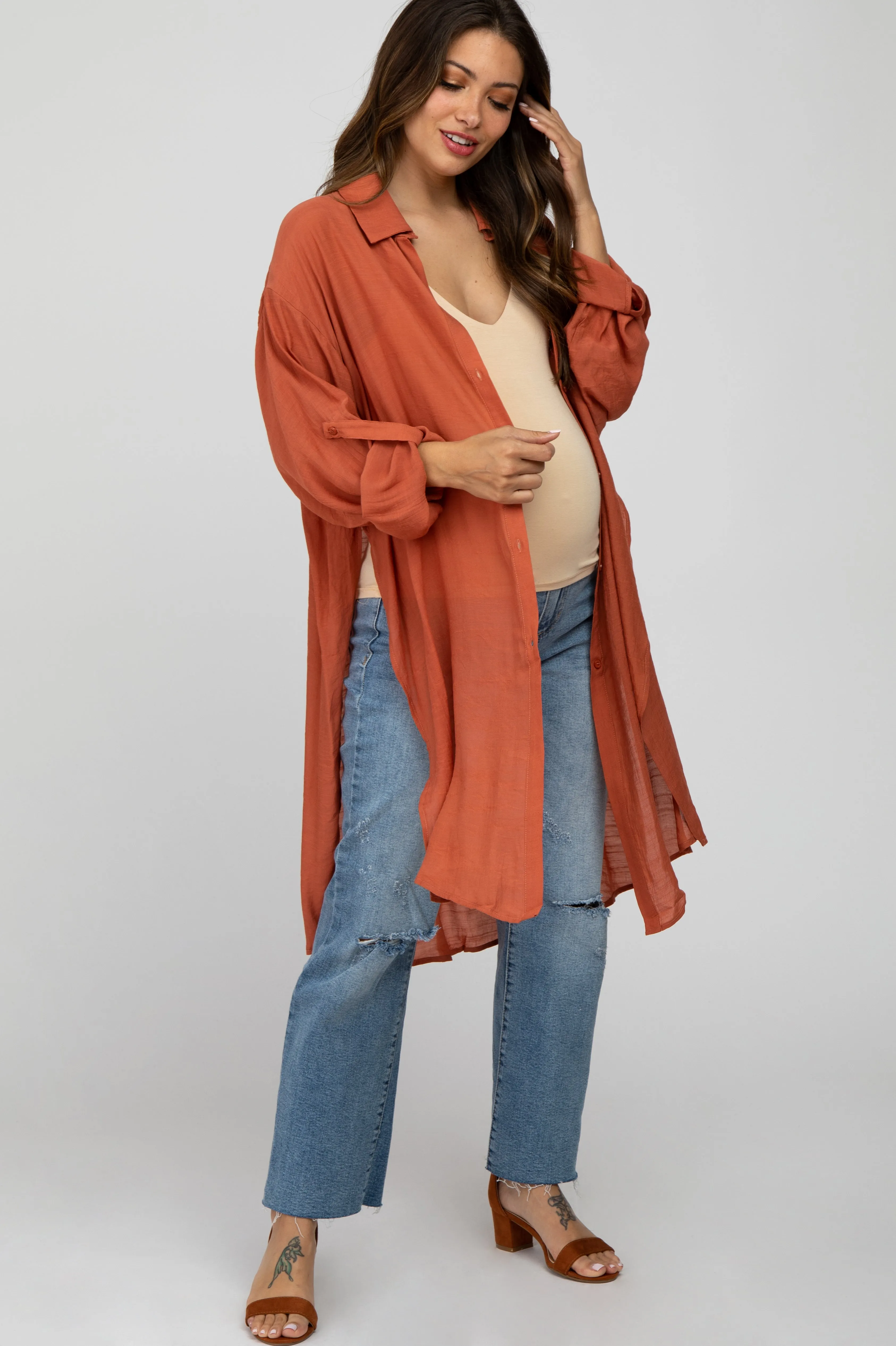 Rust Button Front Side Slit Oversized Maternity Blouse sold by Pinkblush