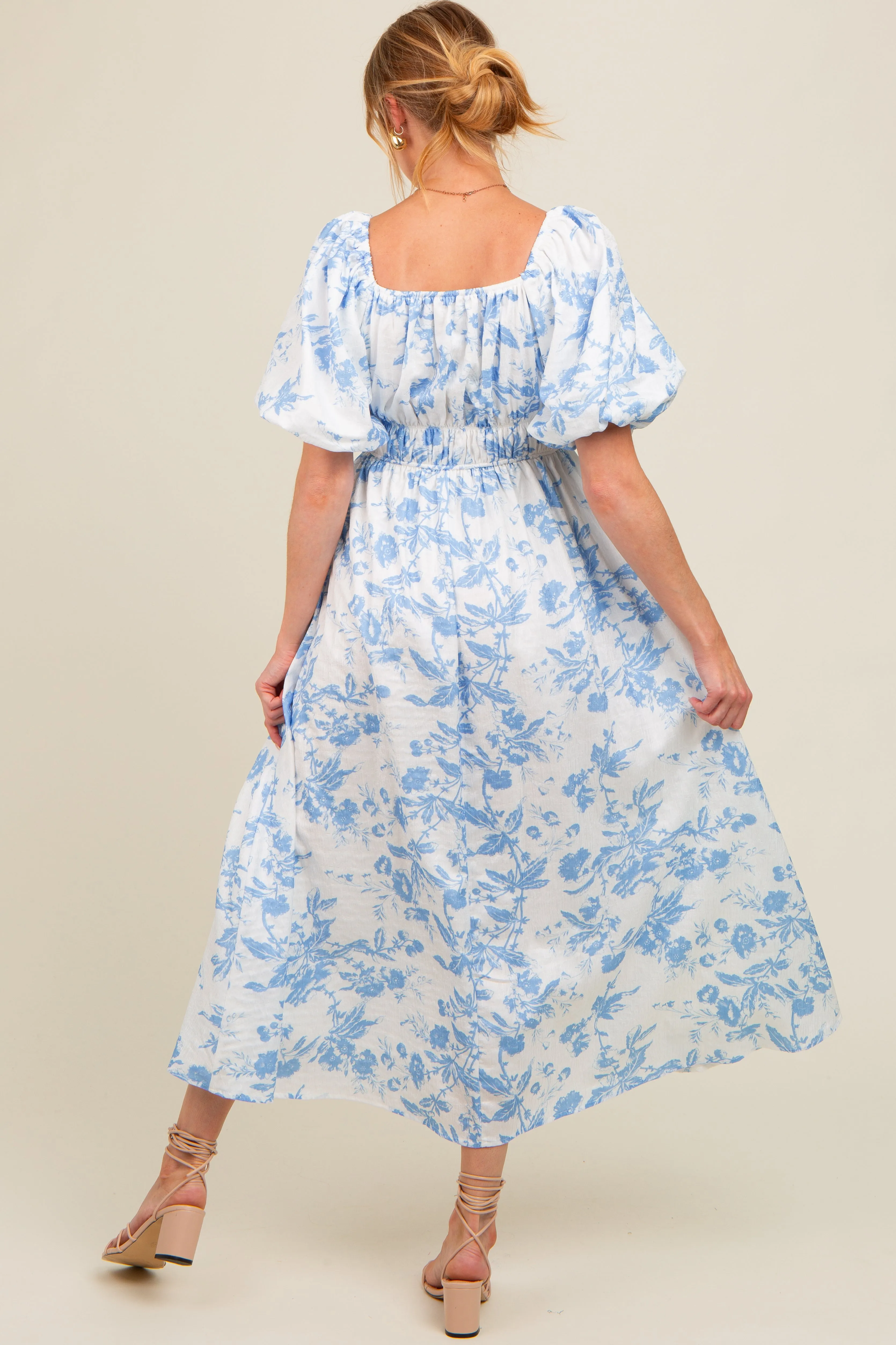 Blue Floral Puff Sleeve Maternity Midi Dress sold by Pinkblush product image thumbnail 3