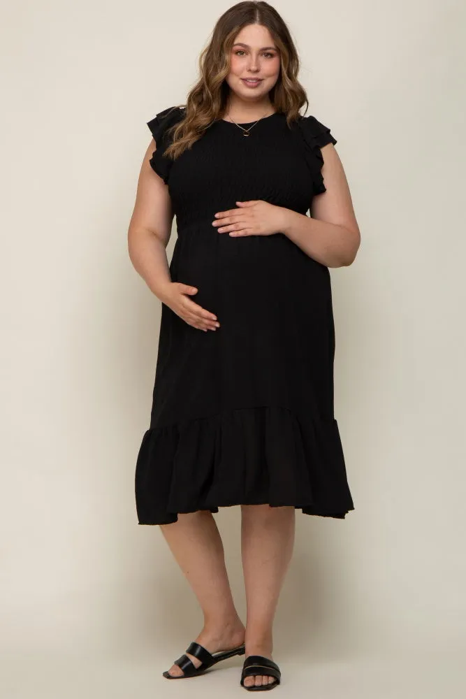 Black Smocked Layered Ruffle Flutter Sleeve Maternity Plus Midi Dress sold by Pinkblush product image thumbnail 4