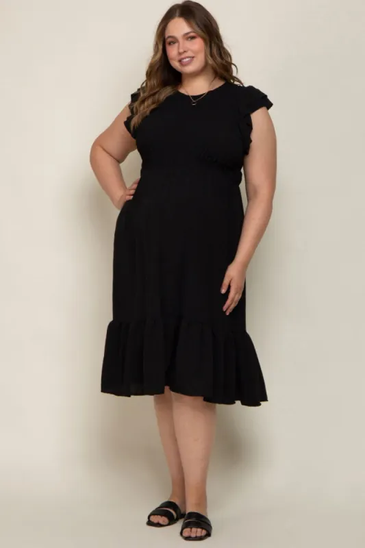 Black Smocked Layered Ruffle Flutter Sleeve Maternity Plus Midi Dress sold by Pinkblush