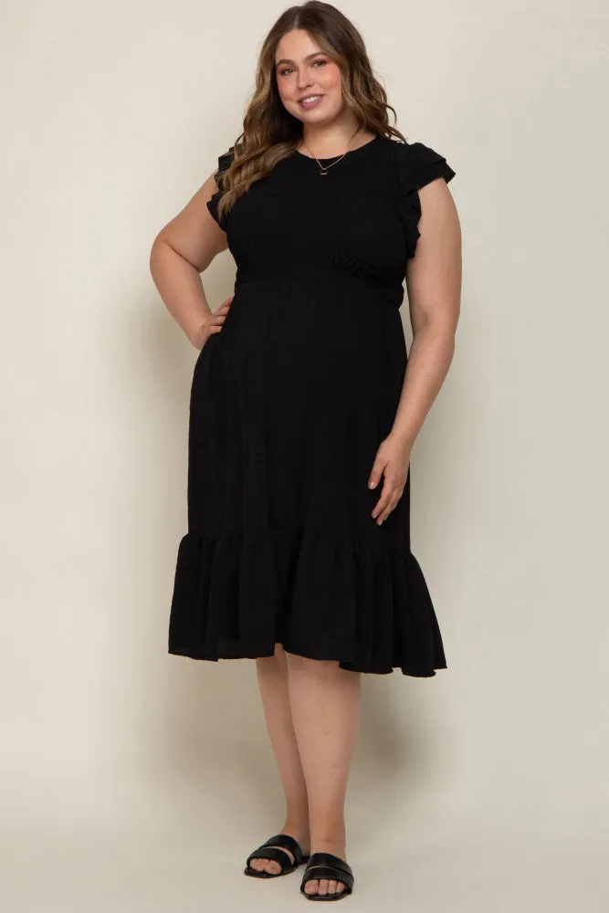 Black Smocked Layered Ruffle Flutter Sleeve Maternity Plus Midi Dress sold by Pinkblush