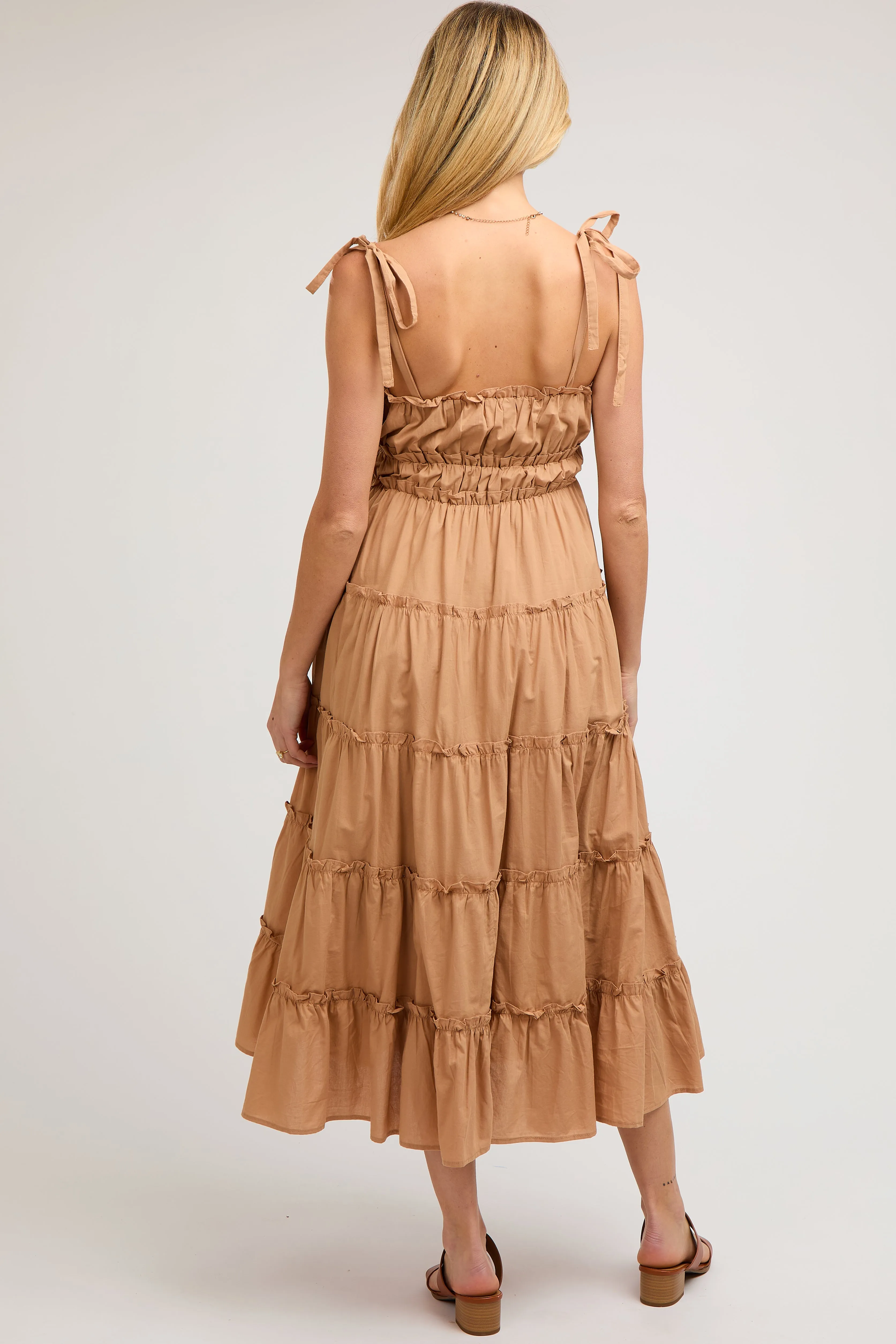 Camel Tiered Tie Strap Maternity Midi Dress sold by Pinkblush product image thumbnail 4