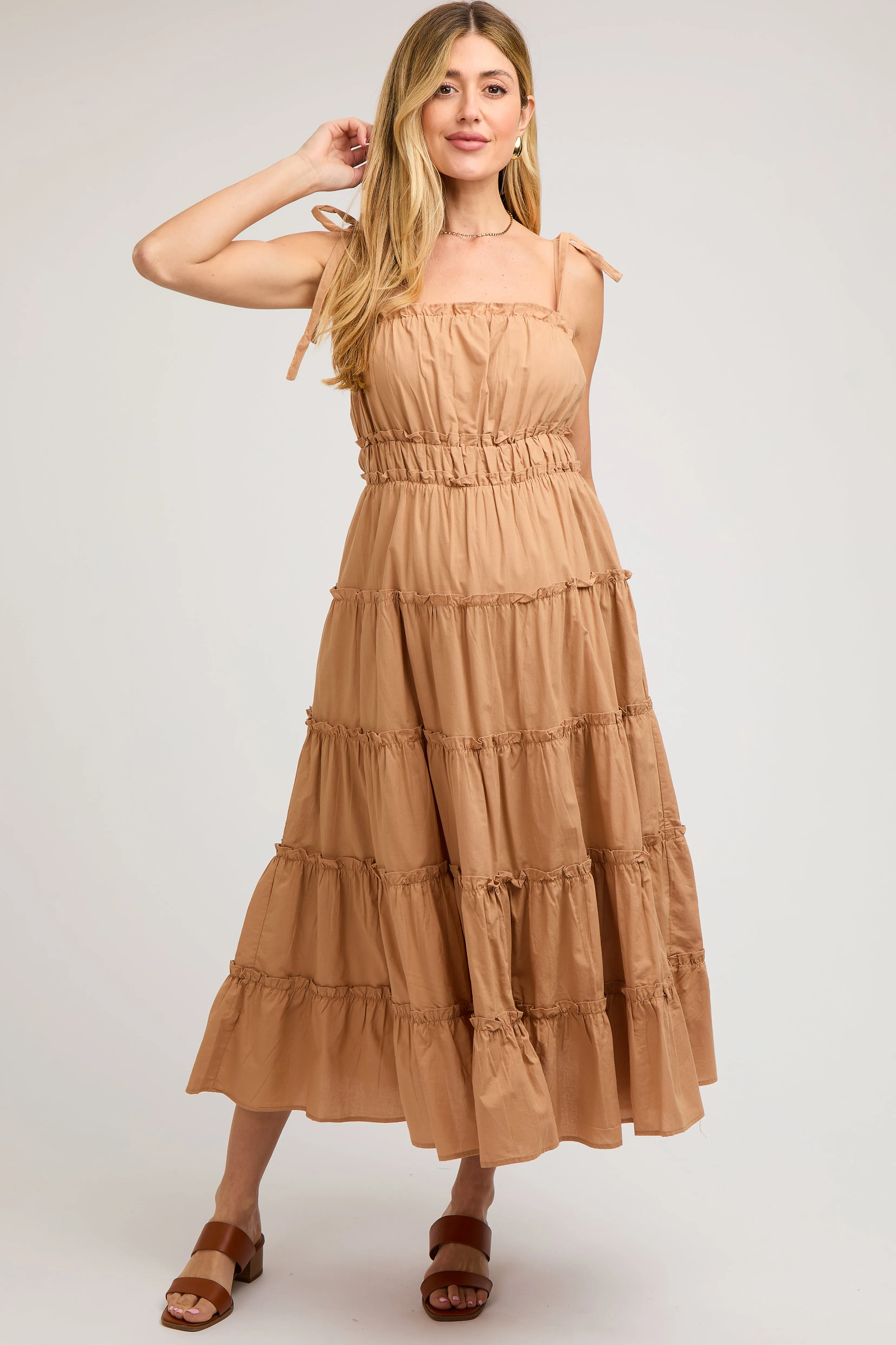 Camel Tiered Tie Strap Maternity Midi Dress sold by Pinkblush