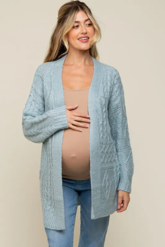 Light Blue Cable Knit Maternity Cardigan sold by Pinkblush