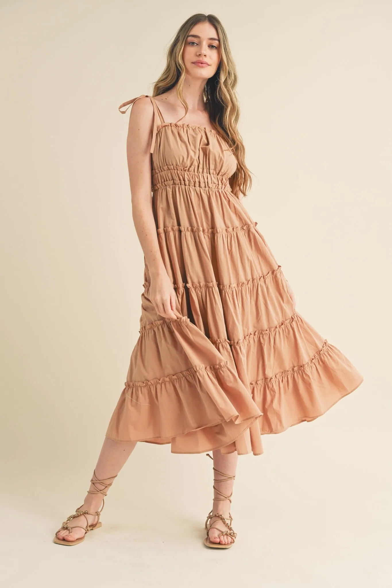 Camel Tiered Tie Strap Maternity Midi Dress sold by Pinkblush product image thumbnail 5
