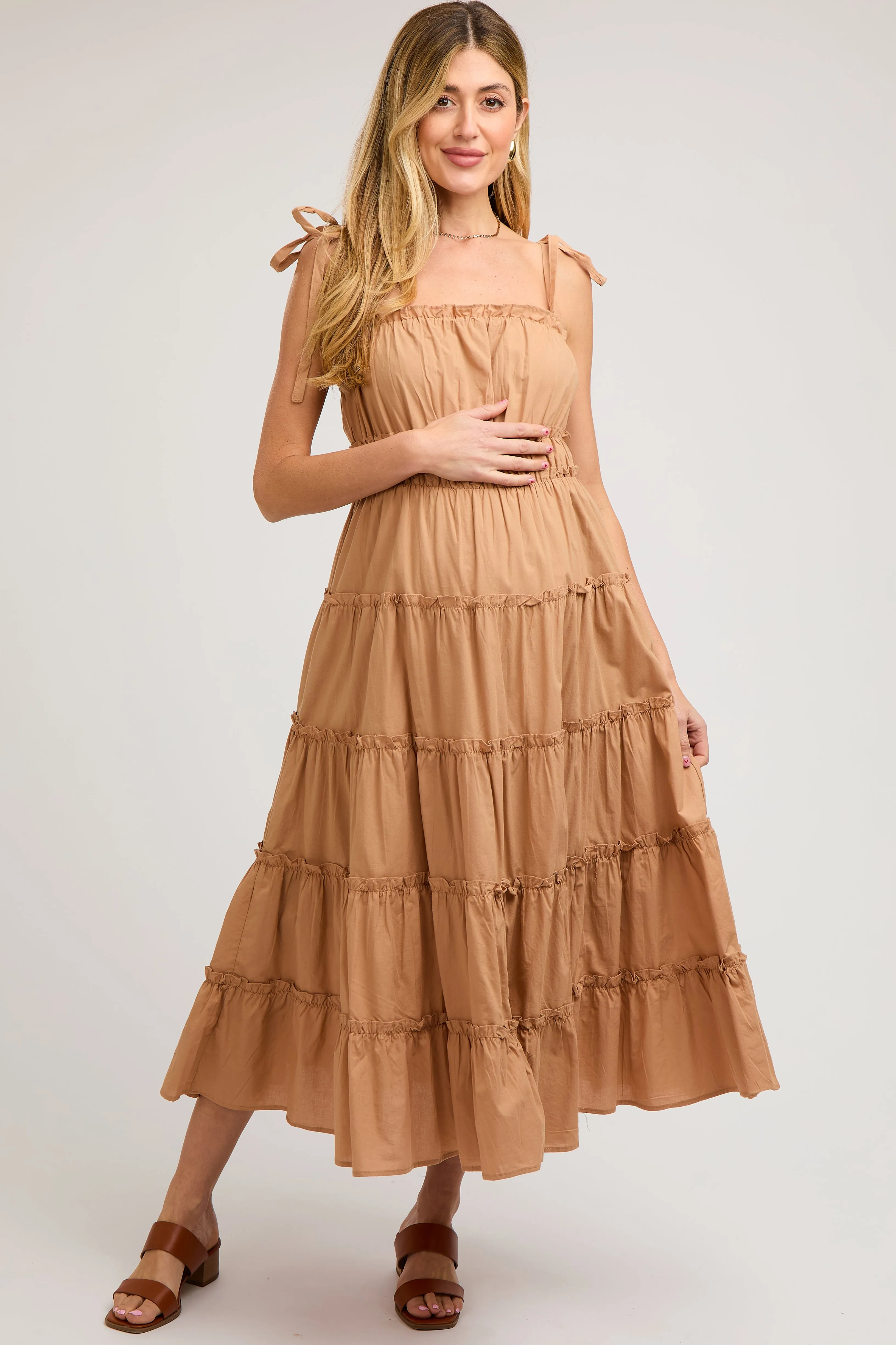 Camel Tiered Tie Strap Maternity Midi Dress sold by Pinkblush product image thumbnail 2