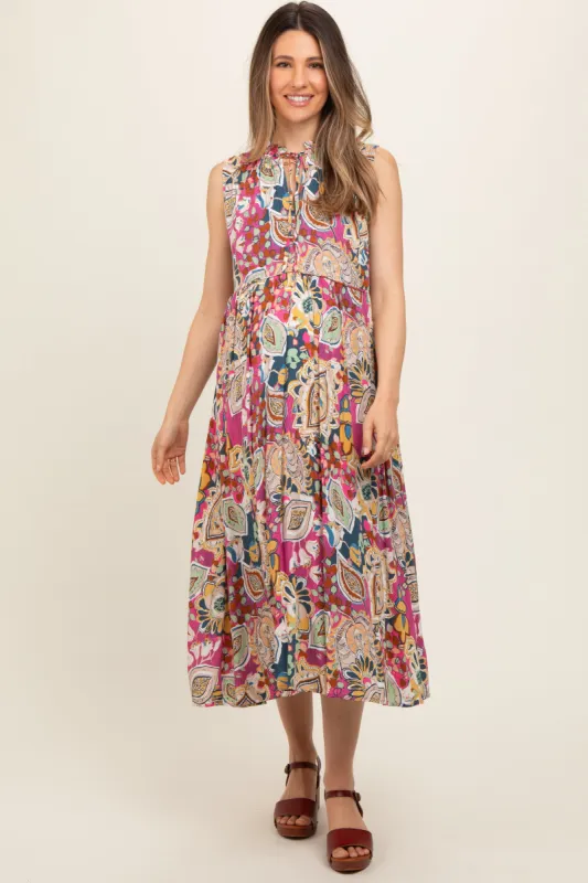 Pink Floral Paisley Mock Neck Maternity Midi Dress sold by Pinkblush