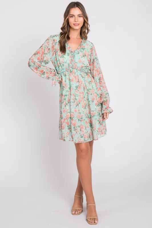 Aqua Floral Ruffle Accent Dress sold by Pinkblush