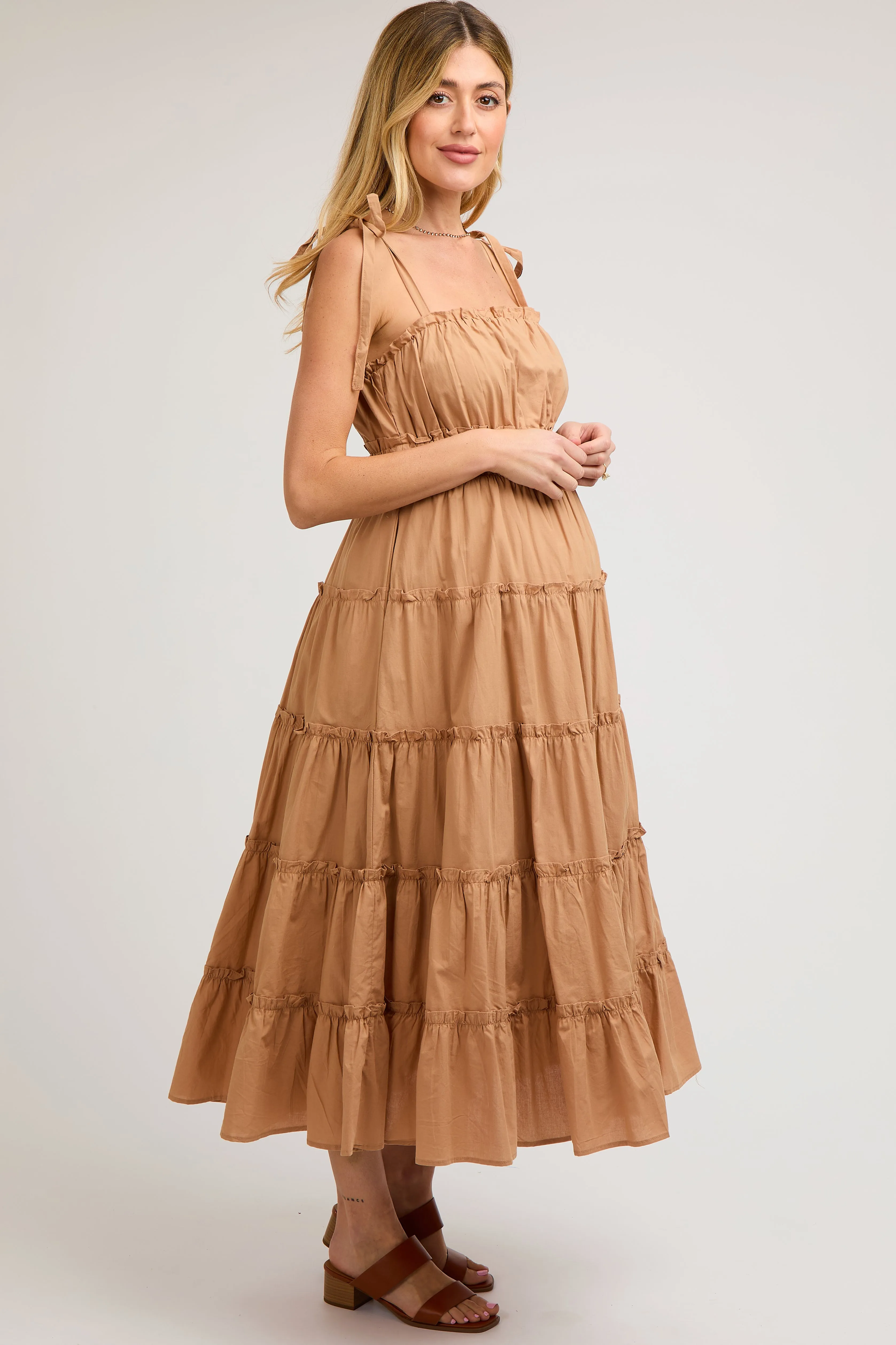 Camel Tiered Tie Strap Maternity Midi Dress sold by Pinkblush product image thumbnail 3