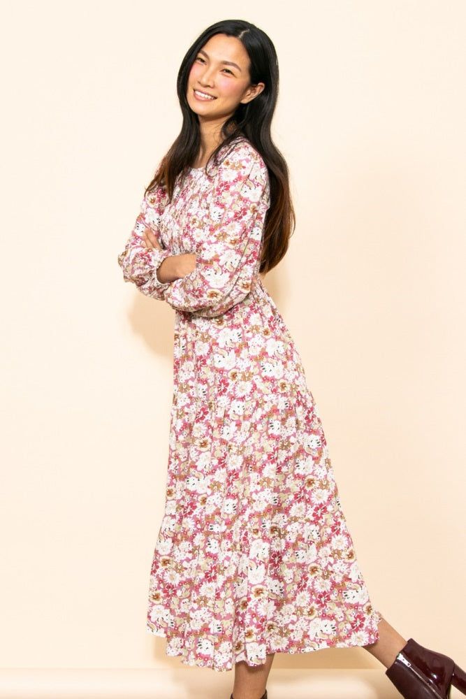 Mauve Floral Smocked Tiered Midi Dress sold by Pinkblush product image thumbnail 2