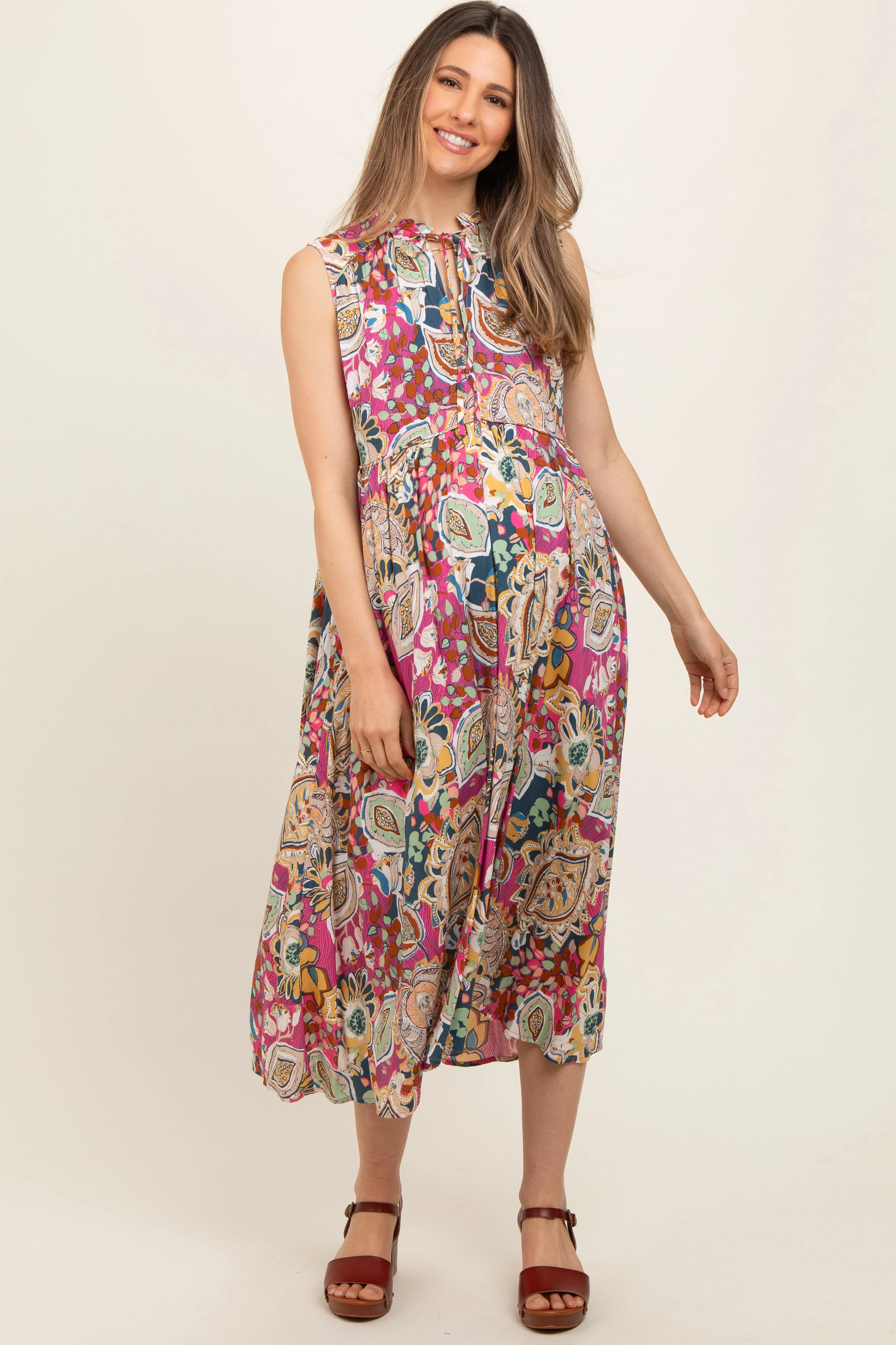 Pink Floral Paisley Mock Neck Maternity Midi Dress sold by Pinkblush product image thumbnail 2