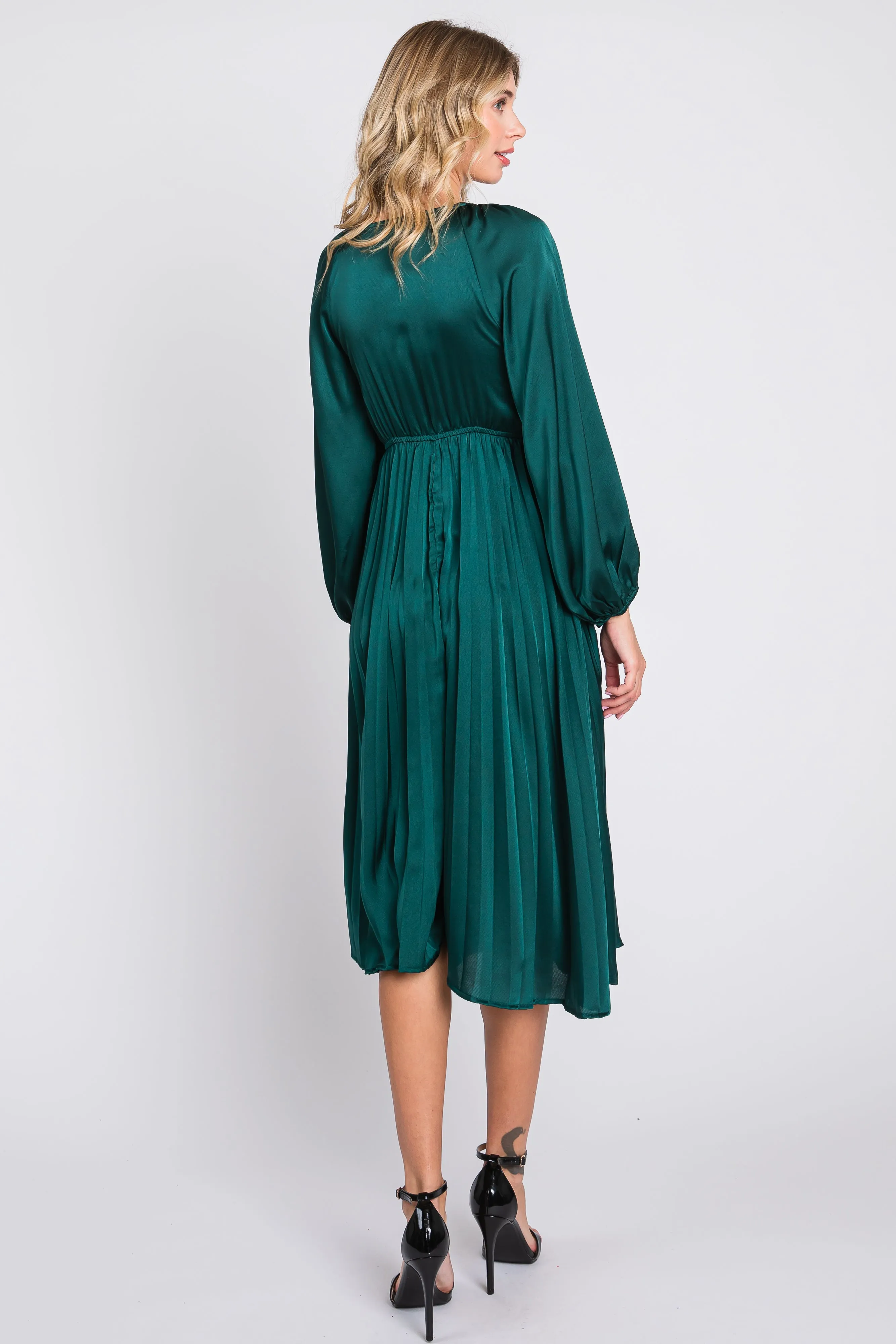 Forest Green Satin Smocked and Pleated Midi Dress sold by Pinkblush product image thumbnail 3