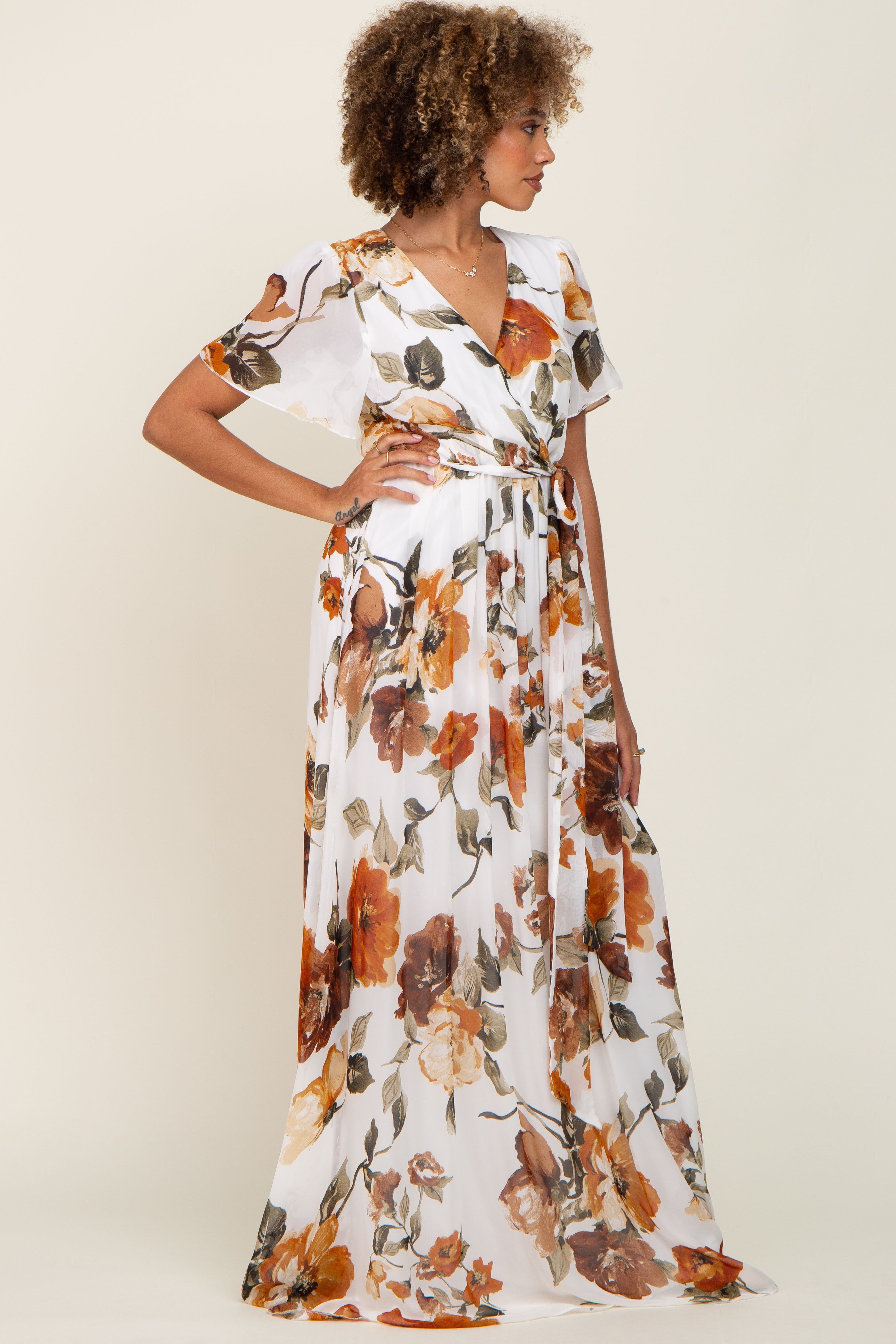 White Floral Chiffon Wrap Front Short Sleeve Maxi Dress sold by Pinkblush product image thumbnail 2
