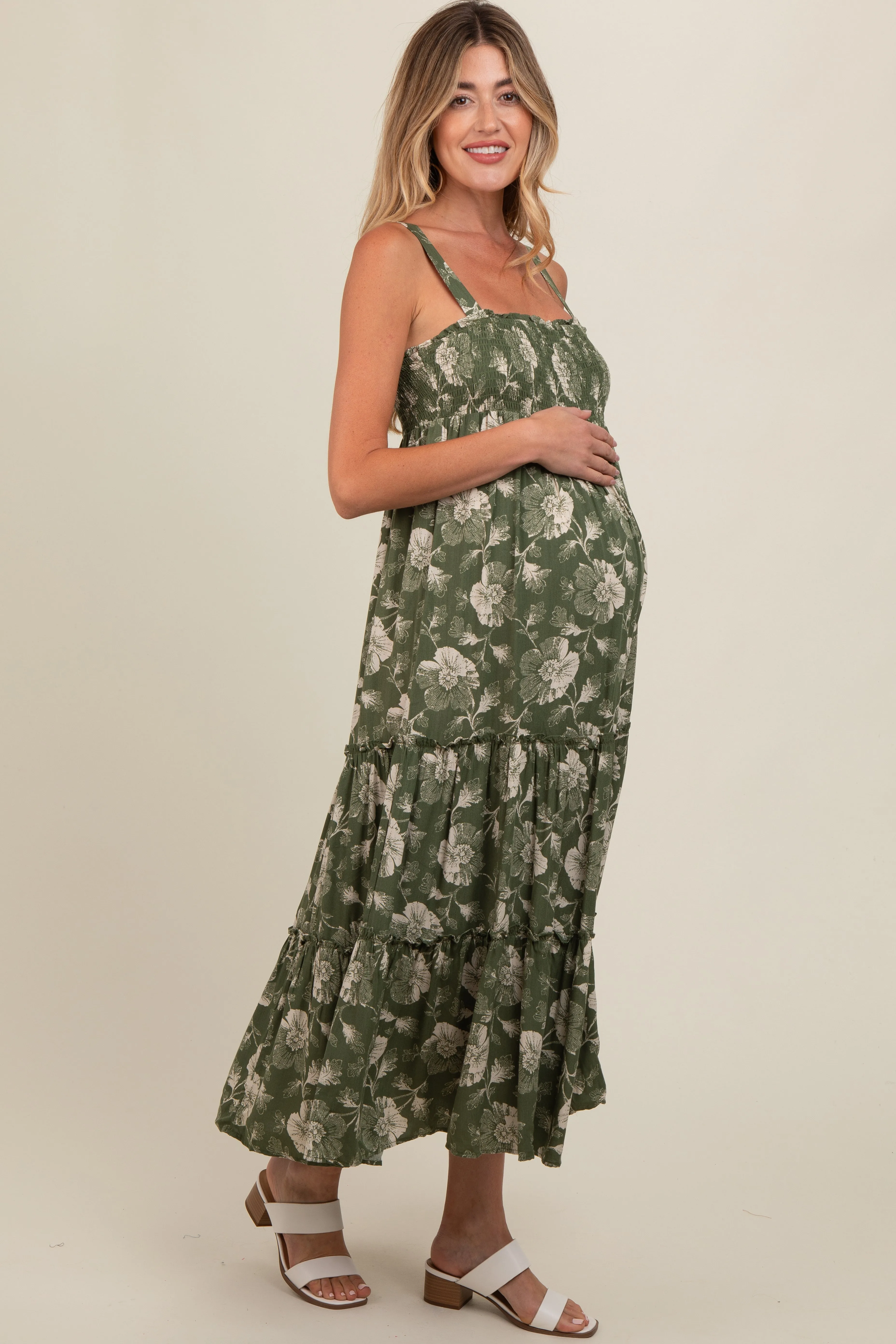 Olive Floral Square Neck Smocked Maternity Midi Dress sold by Pinkblush product image thumbnail 3