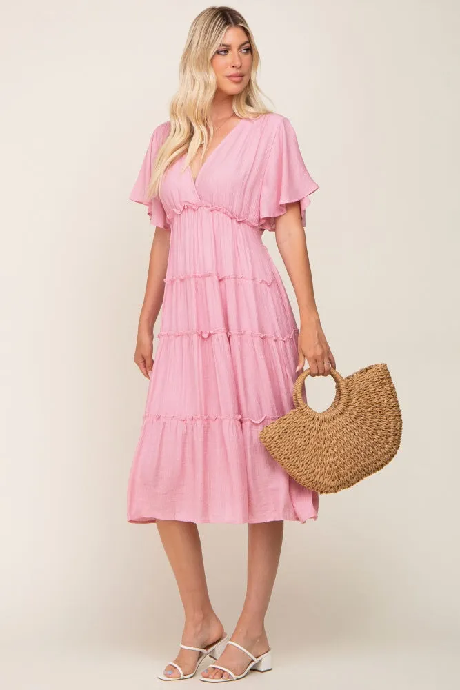 Pink Ruffle Tiered V-Neck Midi Dress sold by Pinkblush