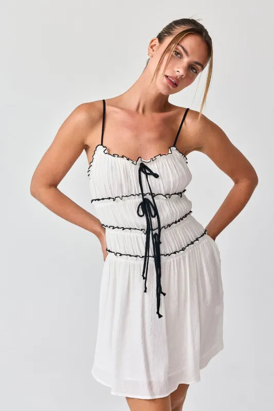 White Contrast Tie-Front Ruffled Mini Dress sold by Pinkblush