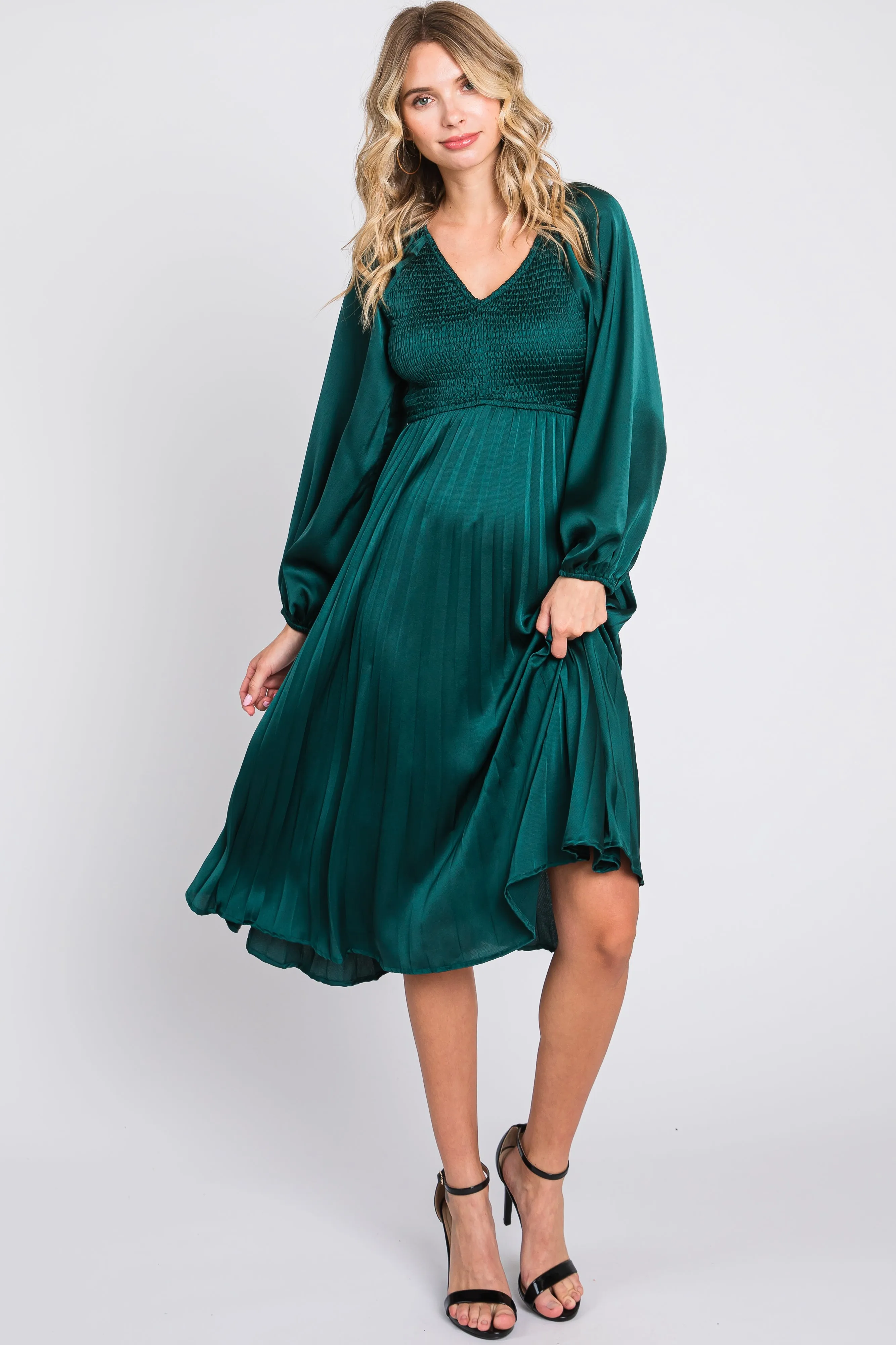 Forest Green Satin Smocked and Pleated Midi Dress sold by Pinkblush product image thumbnail 4