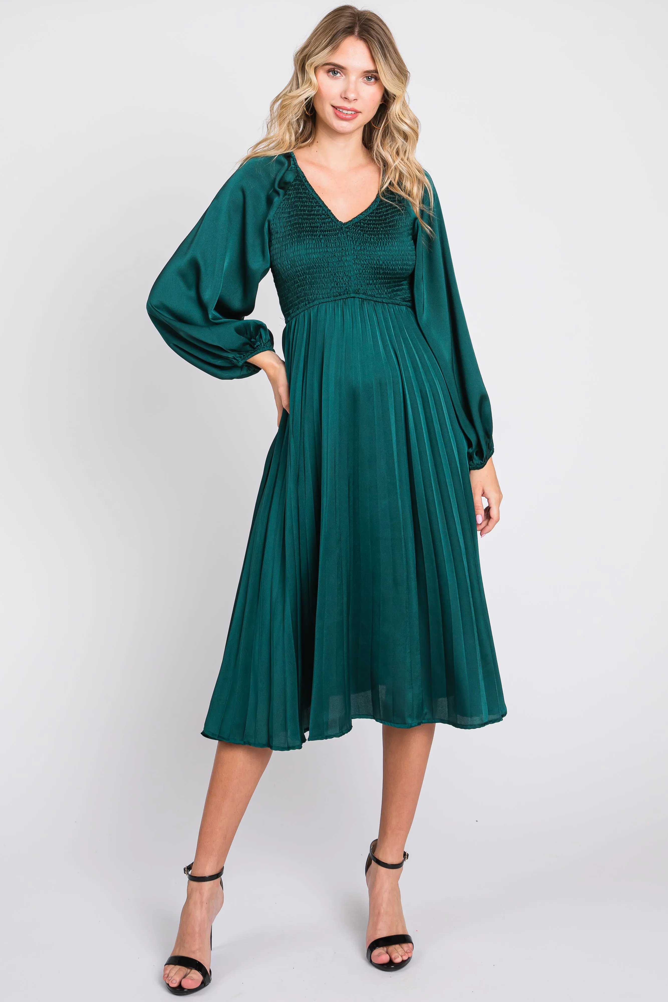 Forest Green Satin Smocked and Pleated Midi Dress sold by Pinkblush