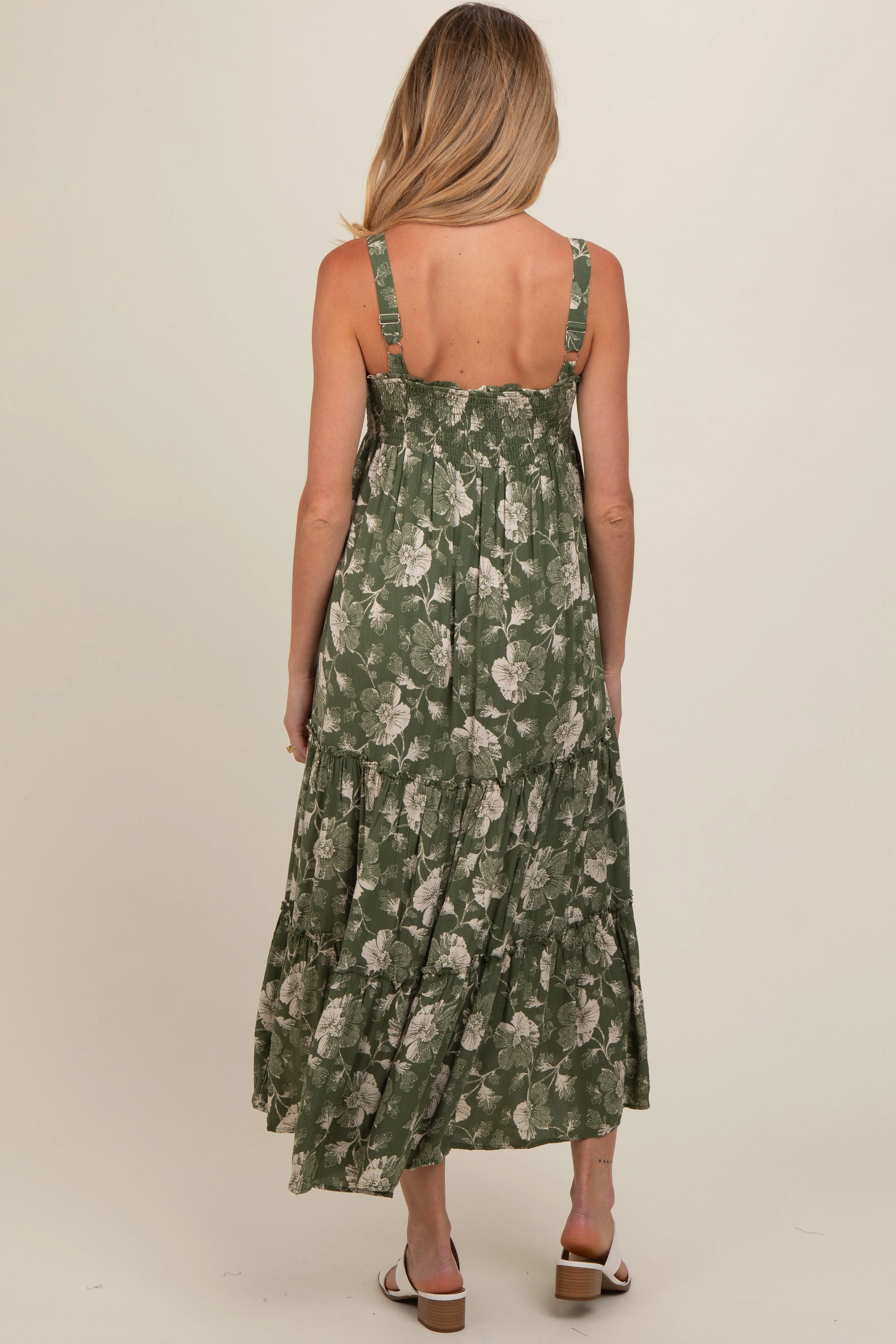 Olive Floral Square Neck Smocked Maternity Midi Dress sold by Pinkblush product image thumbnail 4