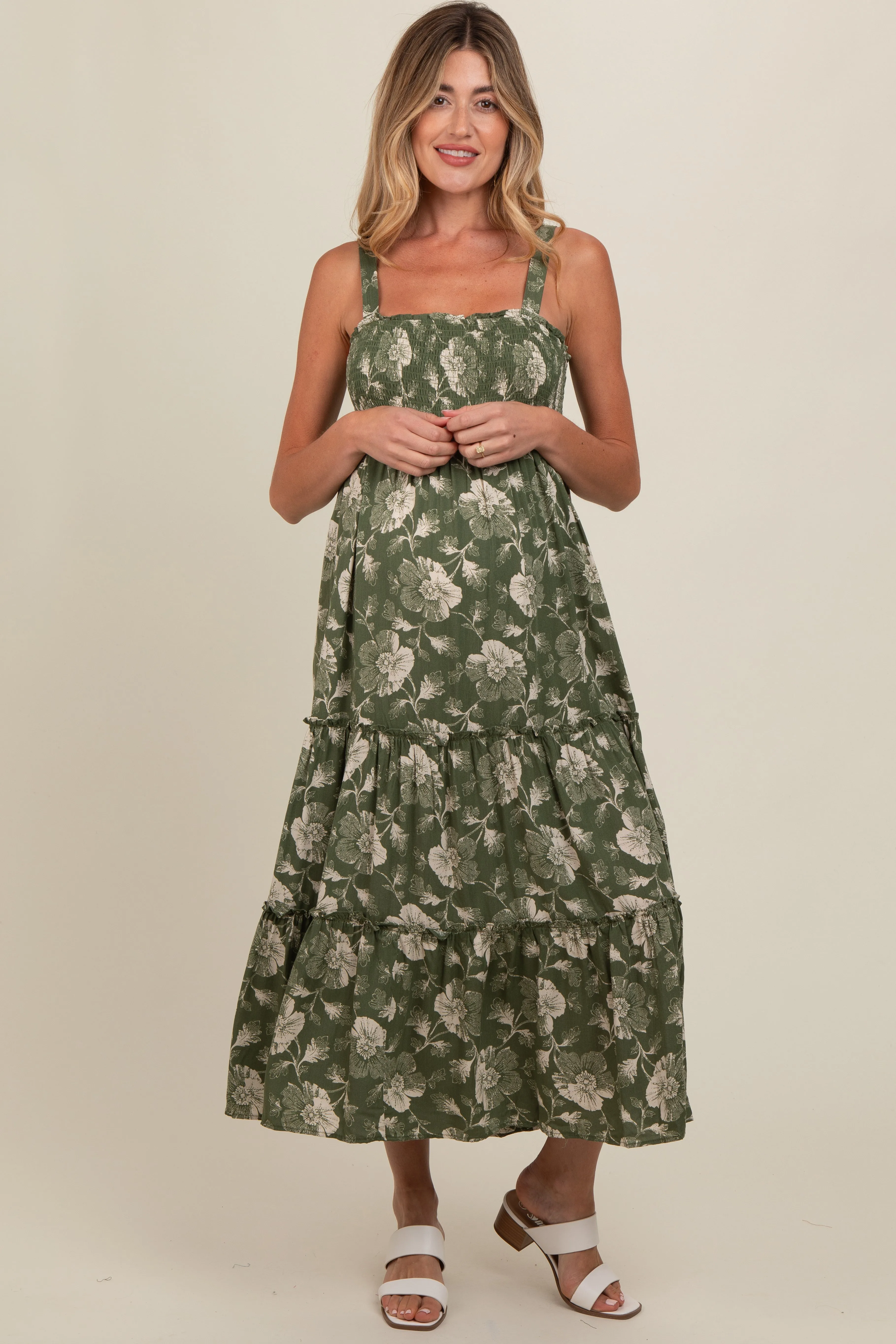 Olive Floral Square Neck Smocked Maternity Midi Dress sold by Pinkblush