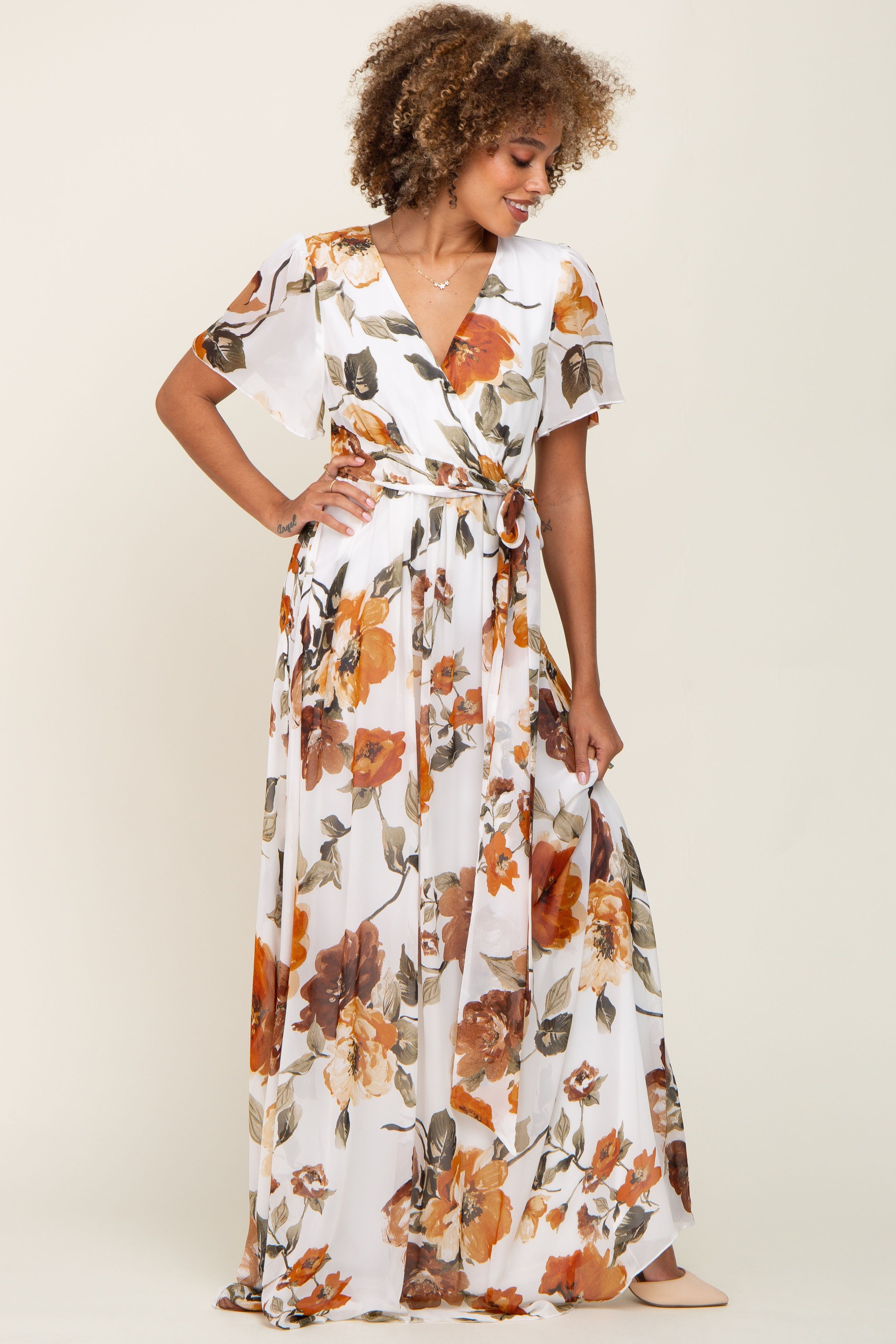 White Floral Chiffon Wrap Front Short Sleeve Maxi Dress sold by Pinkblush product image thumbnail 4