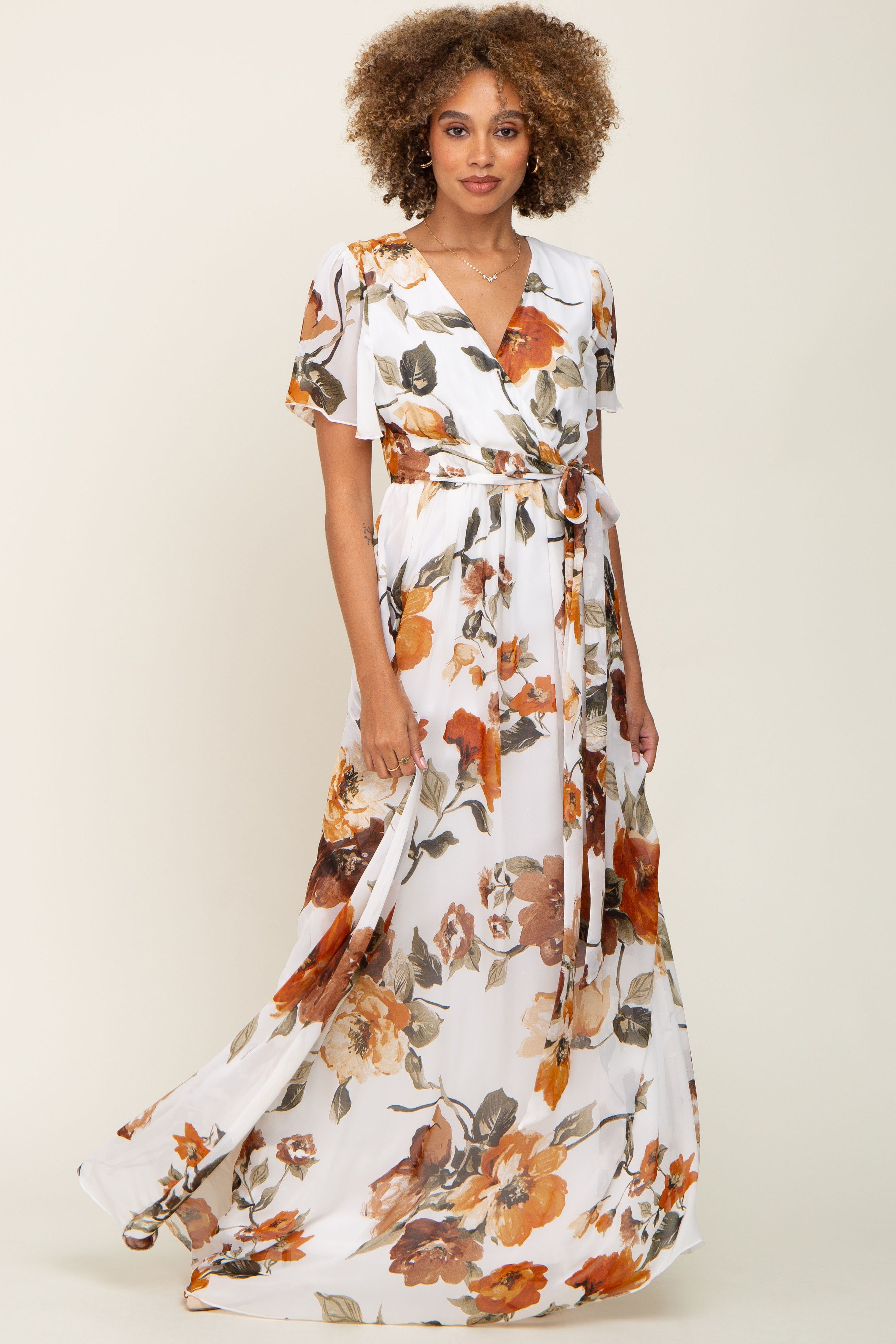 White Floral Chiffon Wrap Front Short Sleeve Maxi Dress sold by Pinkblush