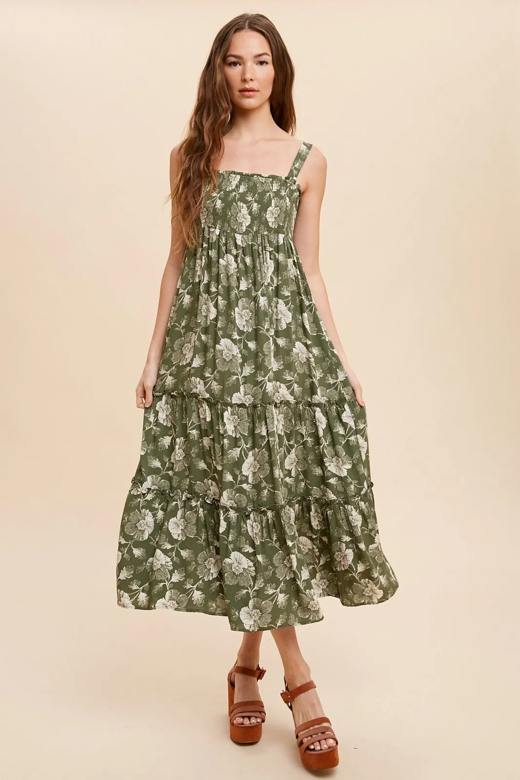 Olive Floral Square Neck Smocked Maternity Midi Dress sold by Pinkblush product image thumbnail 5