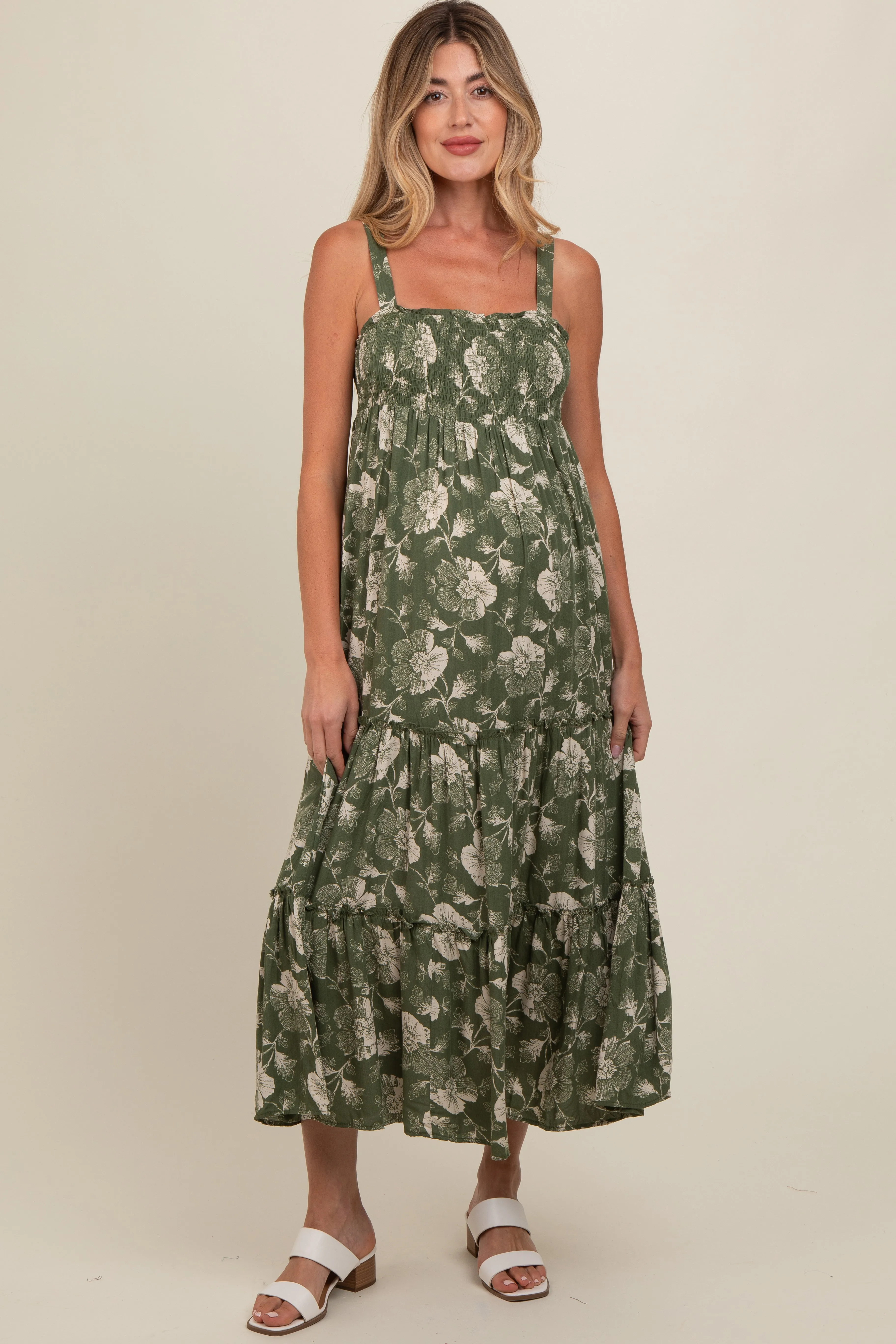 Olive Floral Square Neck Smocked Maternity Midi Dress sold by Pinkblush product image thumbnail 2