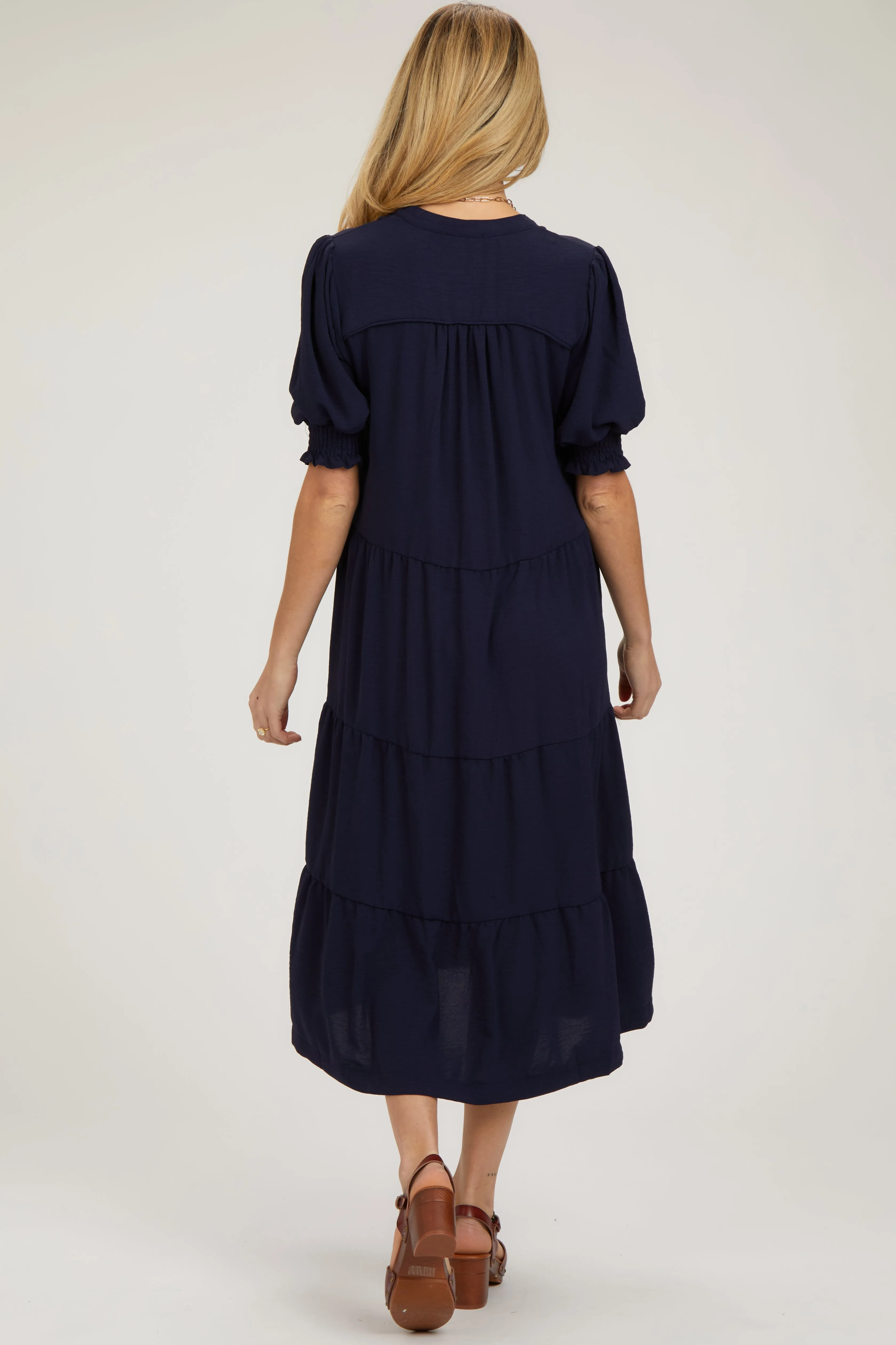 Navy Short Sleeve Tiered Maternity Midi Dress sold by Pinkblush product image thumbnail 3