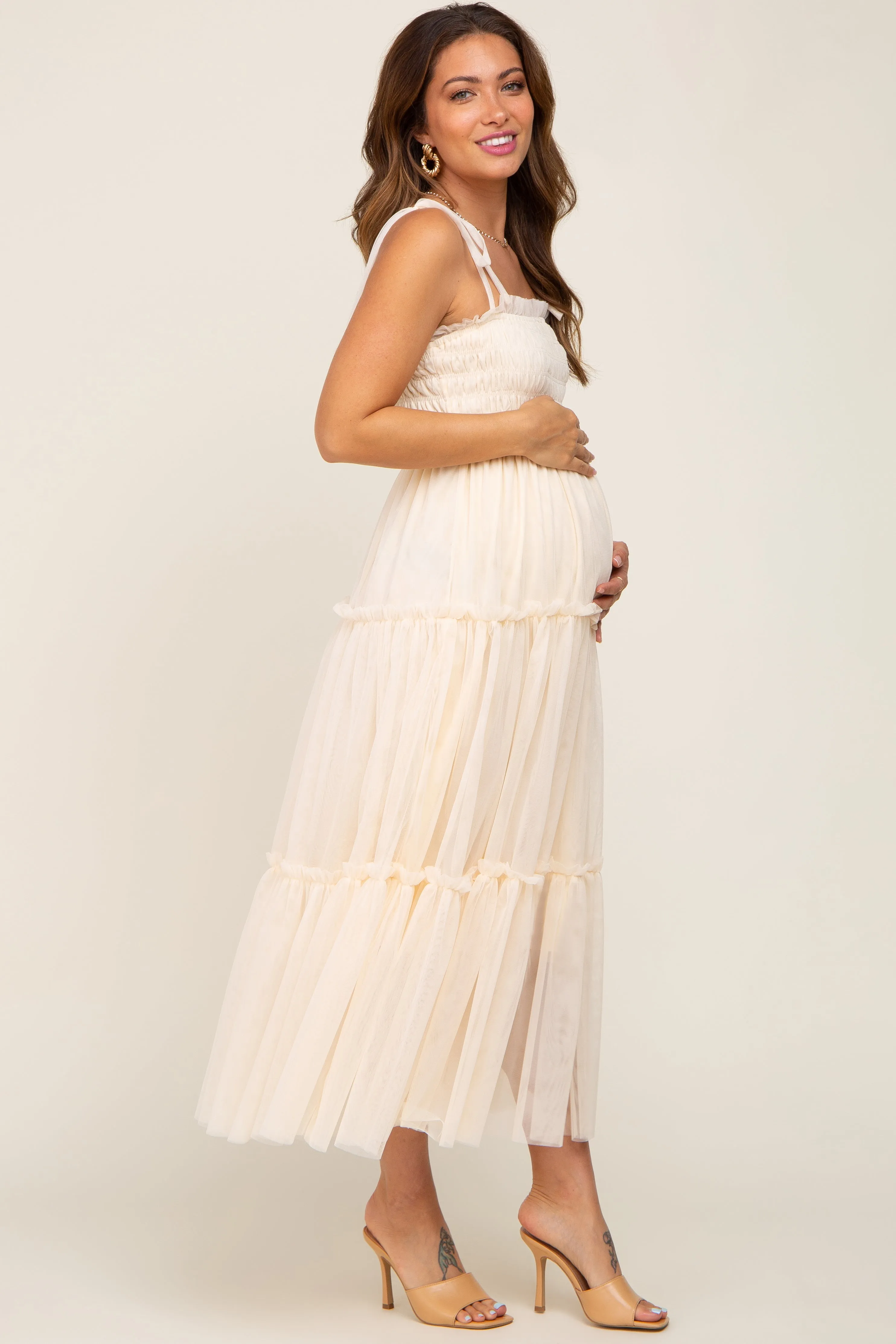 Cream Smocked Mesh Maternity Midi Dress sold by Pinkblush product image thumbnail 2