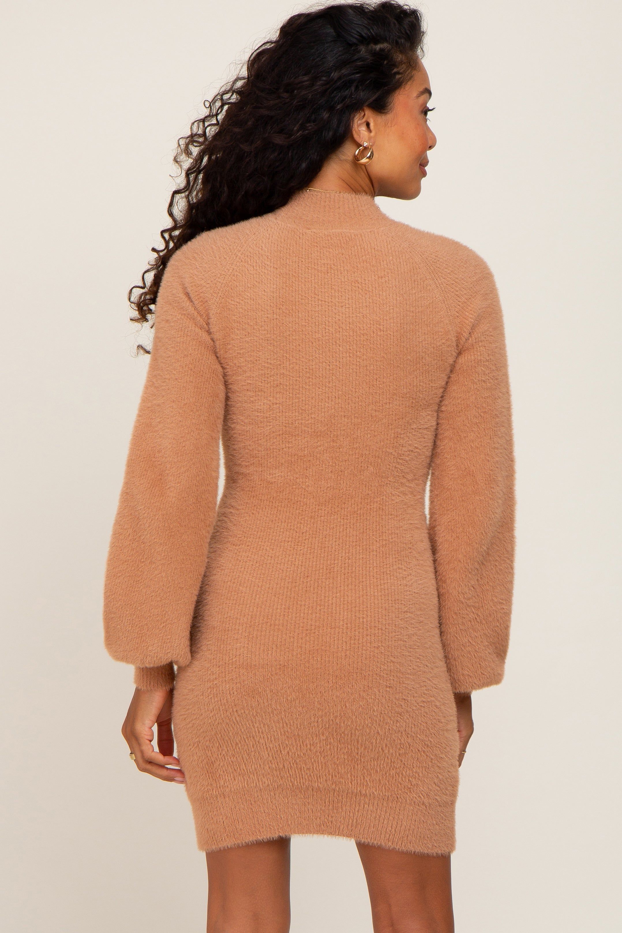 Camel Fuzzy Knit Puff Sleeve Sweater Dress sold by Pinkblush product image thumbnail 3