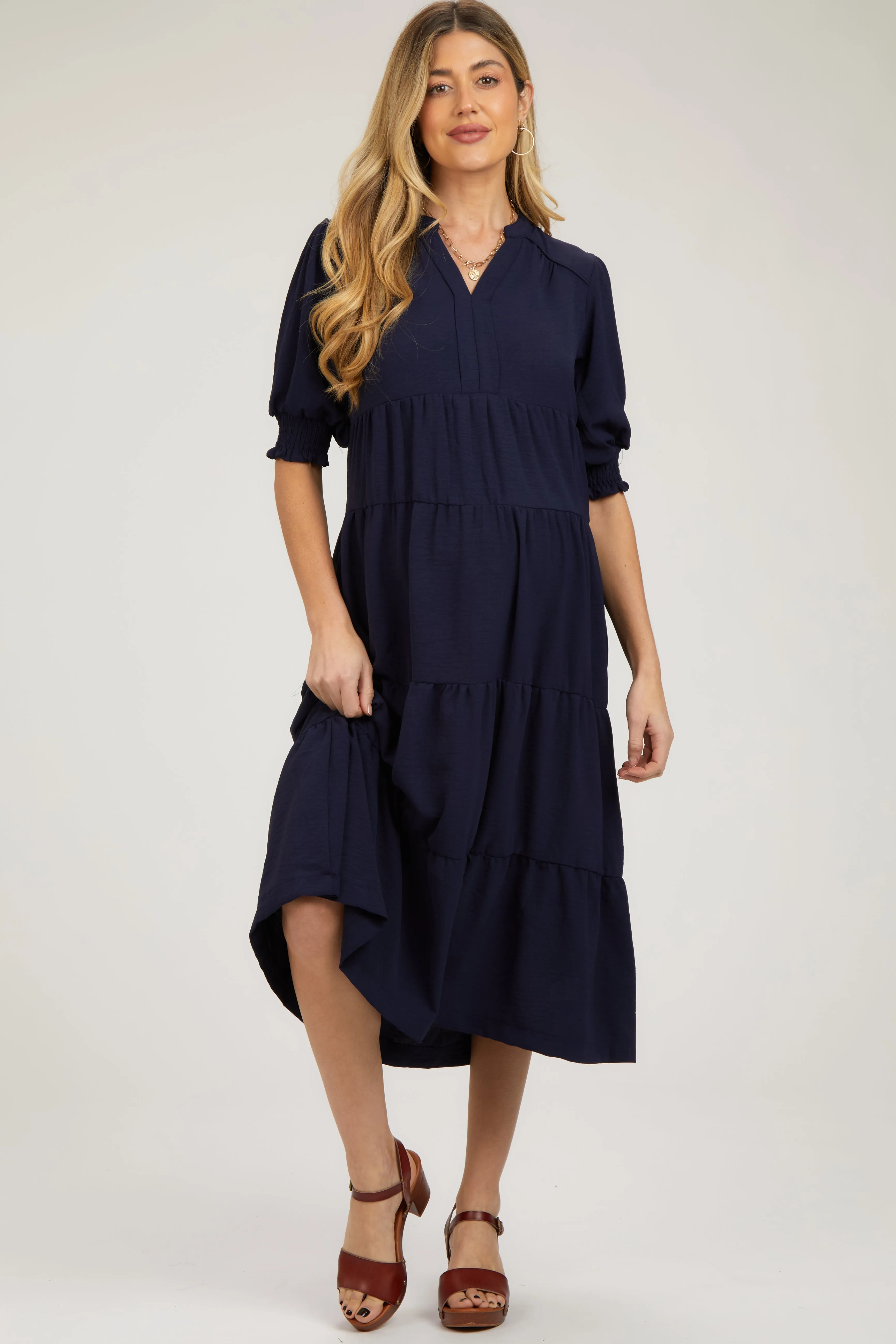 Navy Short Sleeve Tiered Maternity Midi Dress sold by Pinkblush