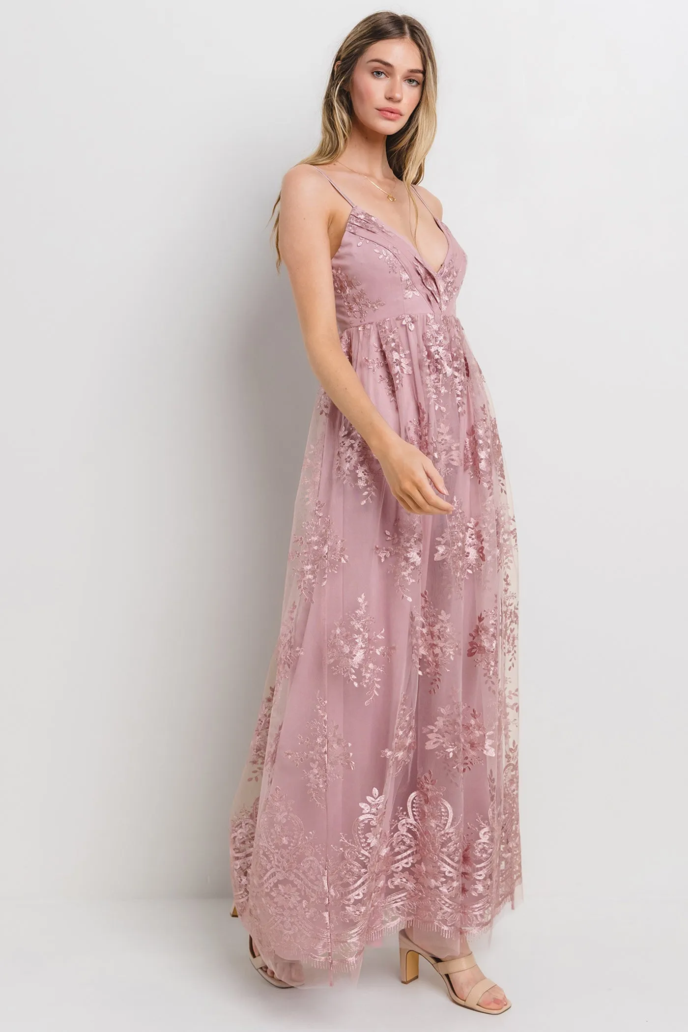 Mauve Floral Lace Overlay Maxi Dress sold by Pinkblush product image thumbnail 3
