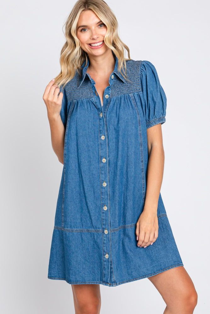 Blue Denim Smocked Button Up Dress sold by Pinkblush