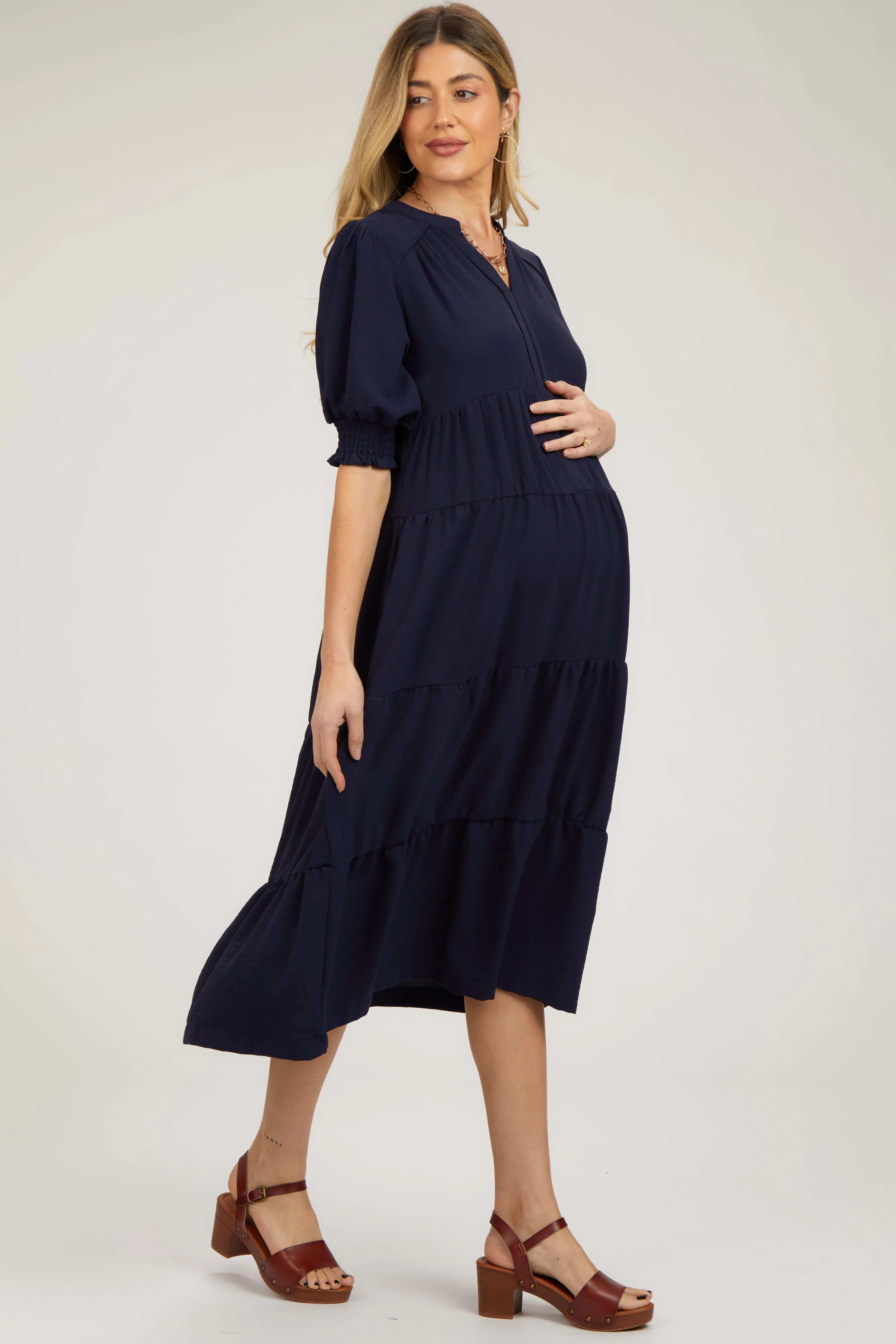 Navy Short Sleeve Tiered Maternity Midi Dress sold by Pinkblush product image thumbnail 2