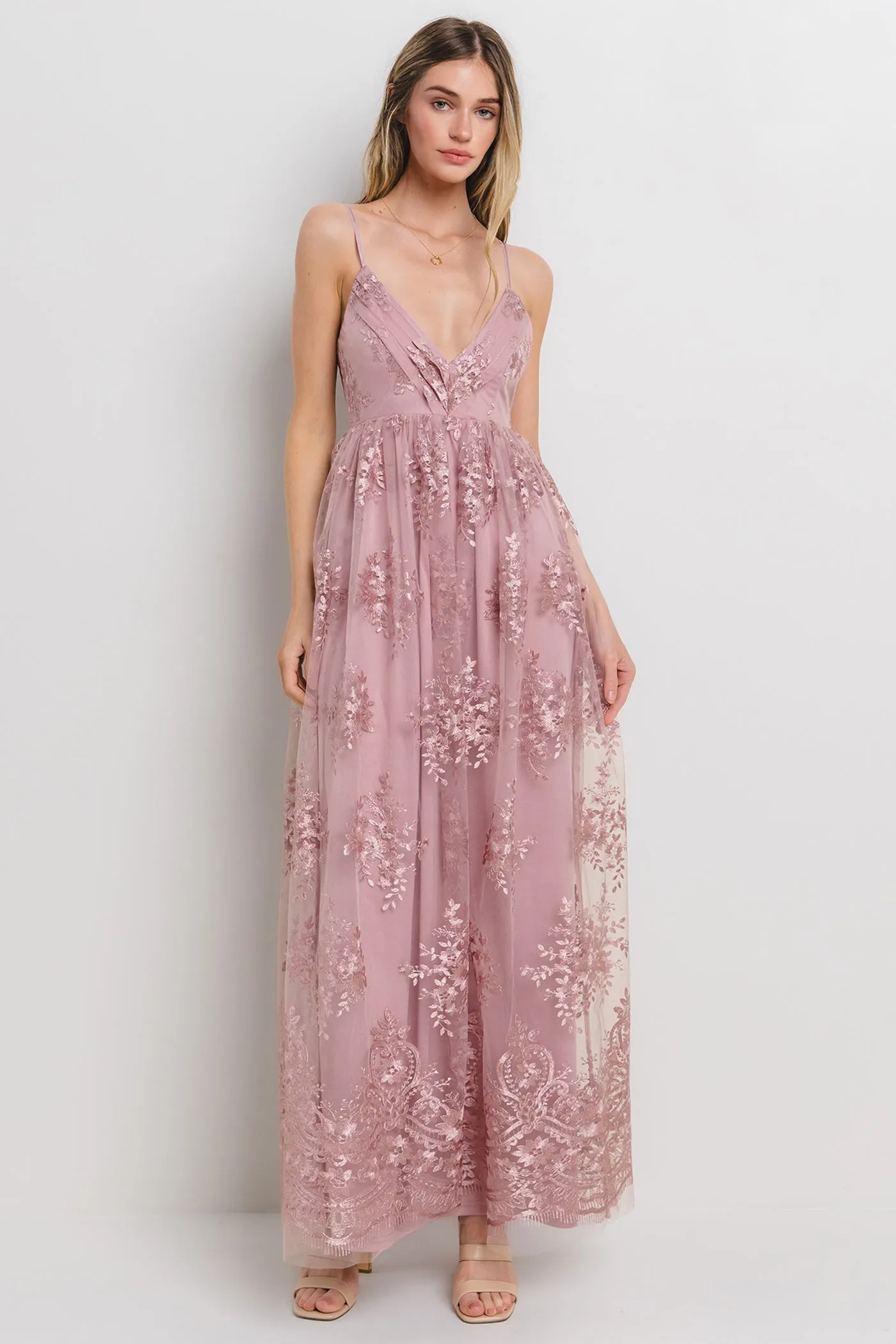 Mauve Floral Lace Overlay Maxi Dress sold by Pinkblush