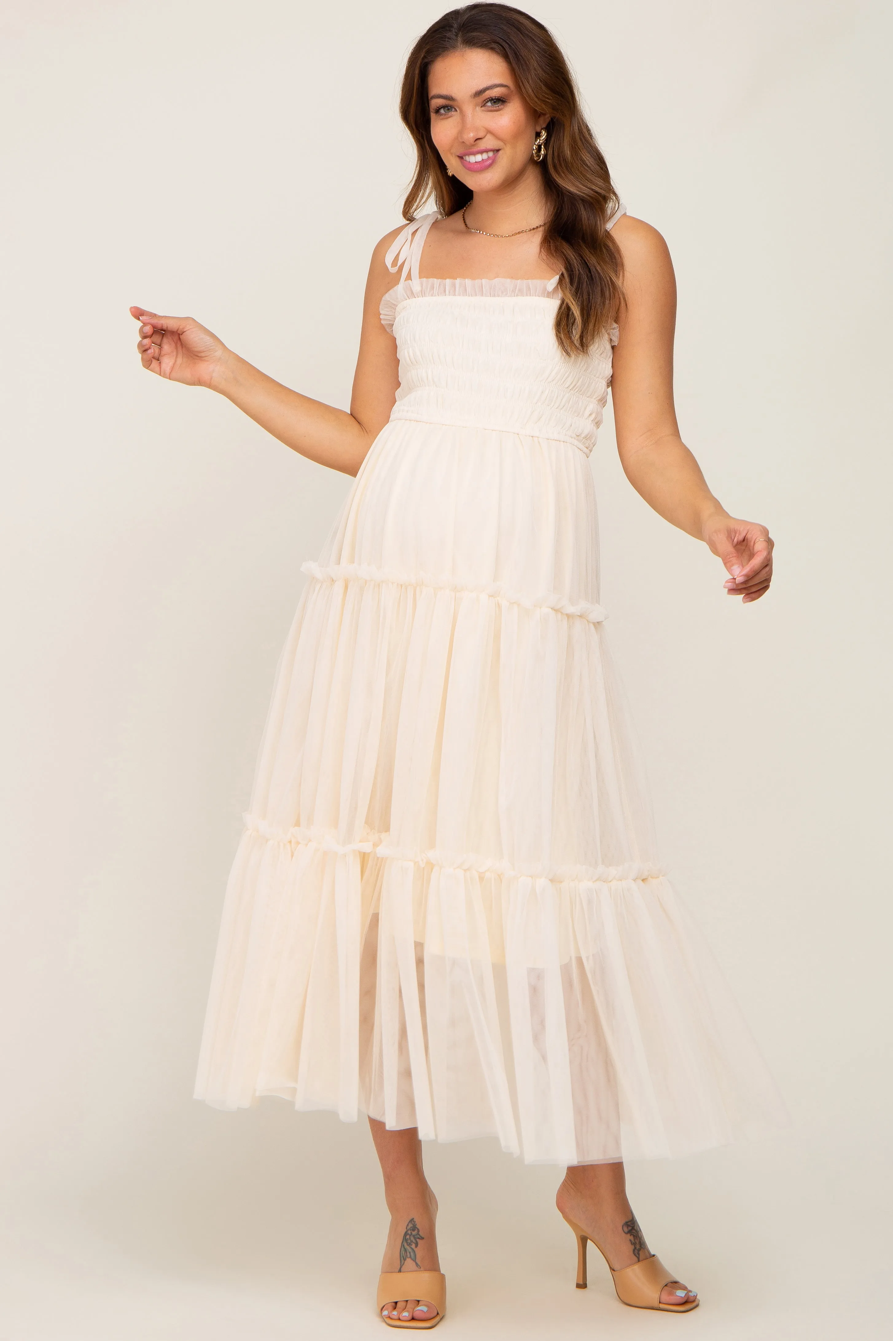 Cream Smocked Mesh Maternity Midi Dress sold by Pinkblush