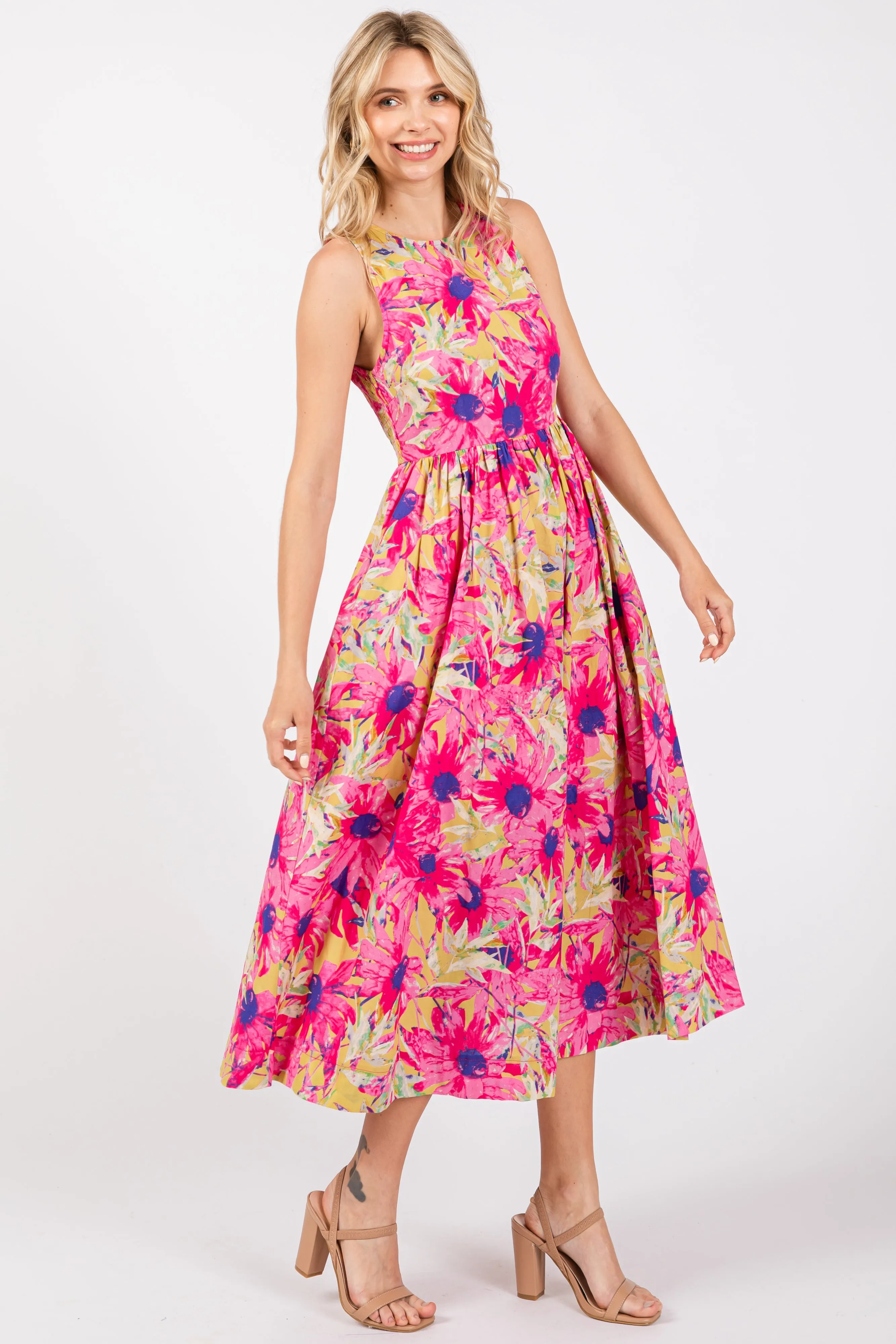Pink Floral Sleeveless Smocked Back A-Line Midi Dress sold by Pinkblush product image thumbnail 2