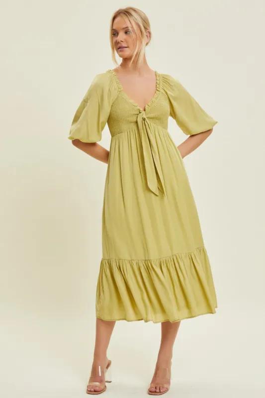 Light Olive Smocked Front Tie Midi Dress sold by Pinkblush